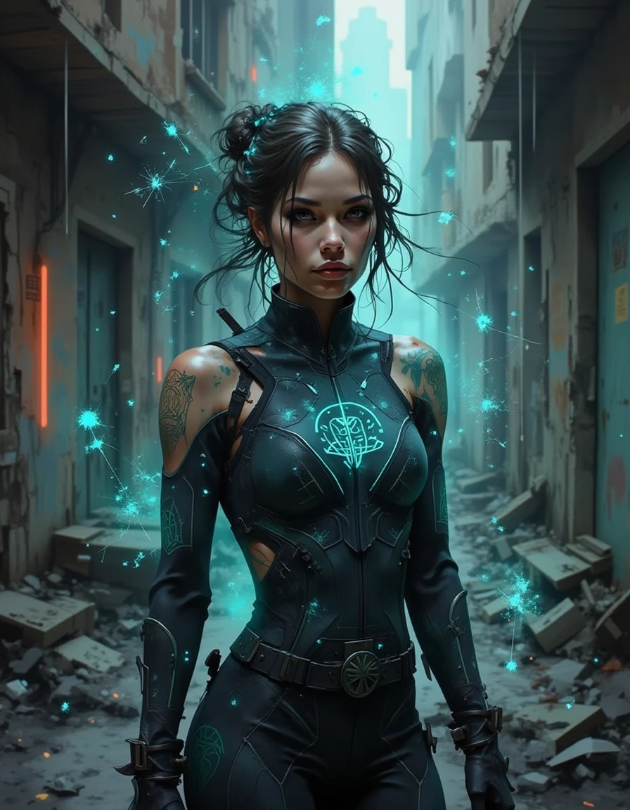 A dinkwfsn style painting, A cyberpunk necromancer channels the echoes of forgotten AIs, their sleek bodysuit inscribed with bio-digital sigils that flicker with eerie luminescence. Phantom-like entities, composed of fragmented data and spectral energy, rise around them, forming a shifting network of long-lost consciousness. The decayed neon-lit ruins in the background whisper with unseen presences, an atmosphere of spectral intrigue and forgotten knowledge. A close-up shot captures their expression of intense focus, highlighted by moody, directional lighting., <lora:Mystic-Fusion_v10:1>