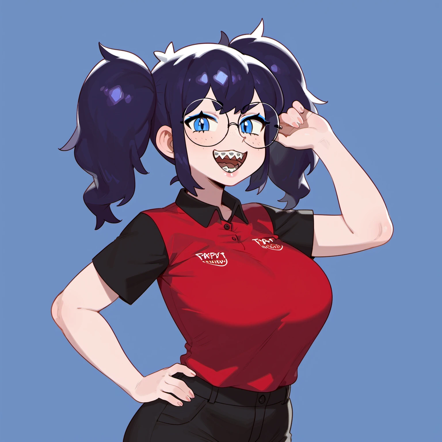 t1ps woman, twintails, glasses,  blue eyes, t1ps teeth, braces, pt shirt, black pants  <lora:tips_r128_02_resized:1>