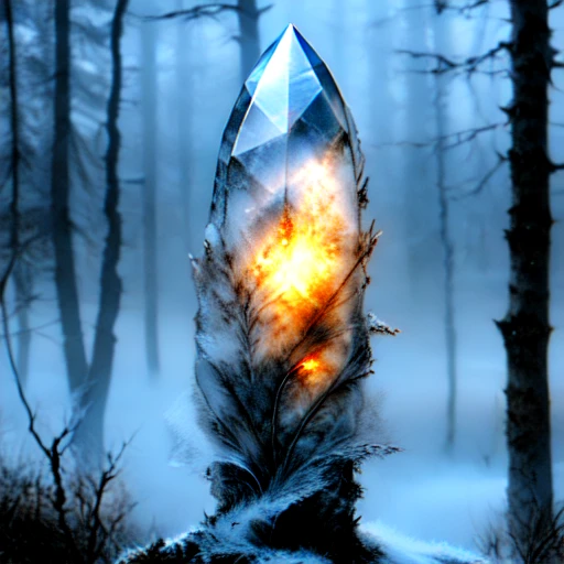 <lora:Ethereal_Gothic_EleganceSD1:1.2> Ethereal Gothic Elegance, The image is a digital art piece that appears to be a photograph of a crystal point in the middle of a foggy forest. The crystal point is in the center of the image with a pointed tip and a smooth shiny surface. It is surrounded by a dark misty background with bare trees on either side. The trees are covered in snow and ice and the ground is covered in a layer of fog. The overall mood of the photograph is eerie and mysterious., no humans, bare tree, tree, scenery, realistic, outdoors, cloud, sky, snow, fantasy