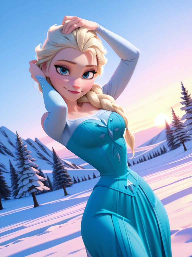 (screencap:1.1), (realism:1.1),
1girl, medium breasts, narrow waist, wide hips, (ElsaXL:1.1), blonde hair, blue eyes, single braid, hair over shoulder, blue dress, bare shoulders, long sleeves,
light smile, dutch angle, naughty pose, looking at viewer, snow, palace behind, sky, daylight, portrait, dynamic pose, cowboy shot, arms up, one hand on hair, head tilt,
<lora:ElsaXL_Character:1>