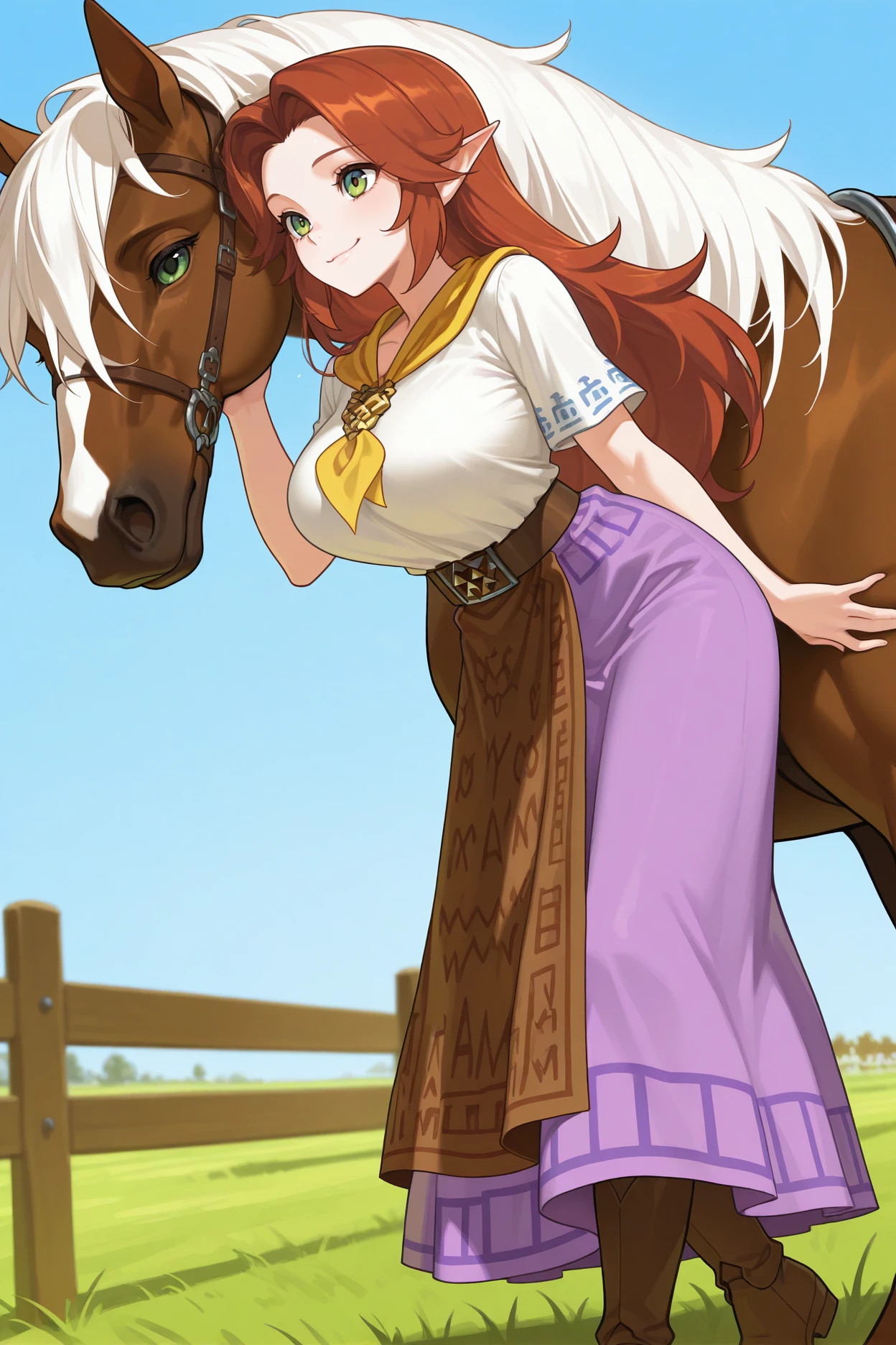 masterpiece, best quality, 1girl, solo, <lora:malon-illu-nvwls-v1:1> mal0n, auburn hair, long hair, pointy ears, yellow neckerchief, gold brooch, white shirt, short sleeves, brown belt, long skirt, purple skirt, brown apron, brown boots, large breasts, green eyes, brown horse with white mane, smile, petting horse, fence, grass, field, blue sky, happy