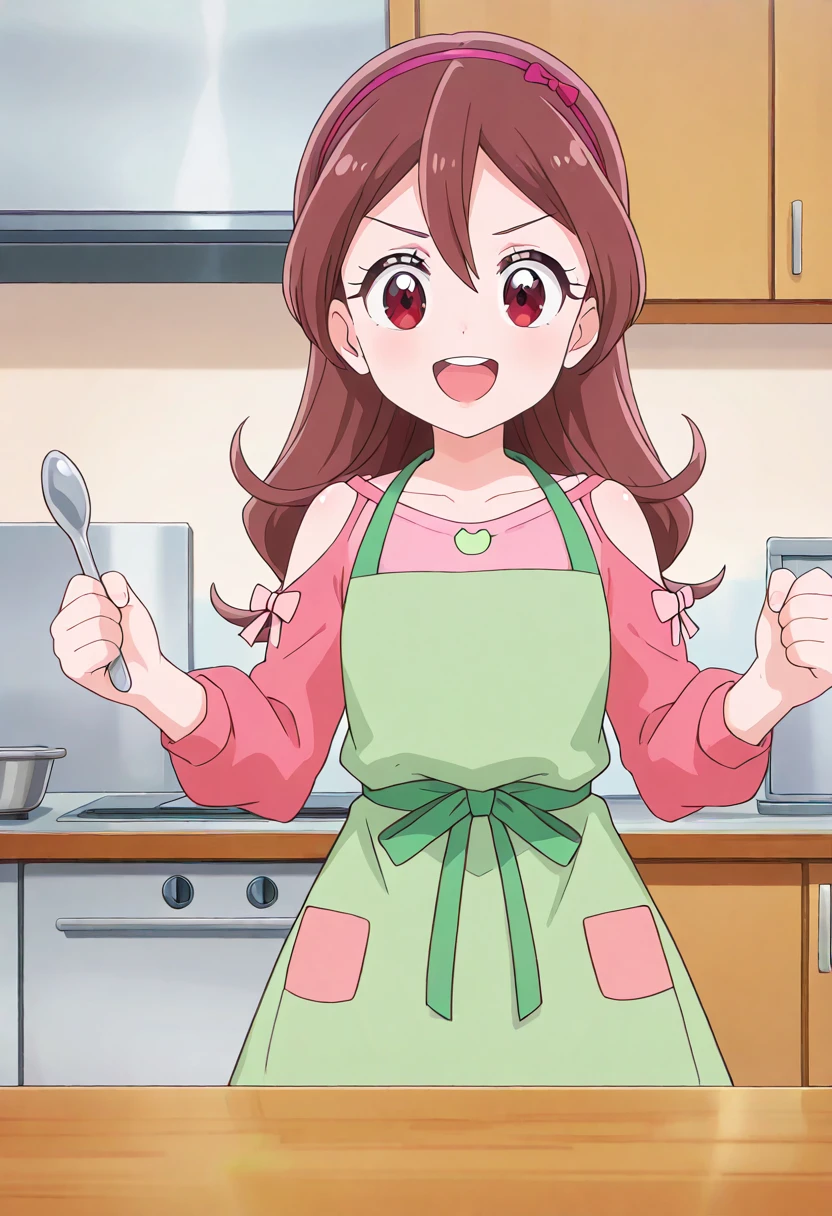 masterpiece, best quality, absurdres, very aesthetic, general,
sakura uta, casual, 1girl, solo, brown hair, open mouth, smile, long hair, spoon, :d, indoors, clothing cutout, looking at viewer, shoulder cutout, green apron, v-shaped eyebrows, holding spoon, hair ornament, eyelashes, pink shirt, standing, long sleeves, pink hairband, red eyes, eyebrows visible through hair, cowboy shot, collarbone, upper teeth, hair ribbon, hair between eyes, clenched hand, red bow, brown eyes, cabinet, hair bow, table, happy, headband, bare shoulders, clenched hands, round teeth, pink bow, counter, hands up, pink dress, shiny hair, upper teeth only, straight-on
<lora:cure_idol_sakura_uta_illustXL_locon_v1:0.8>