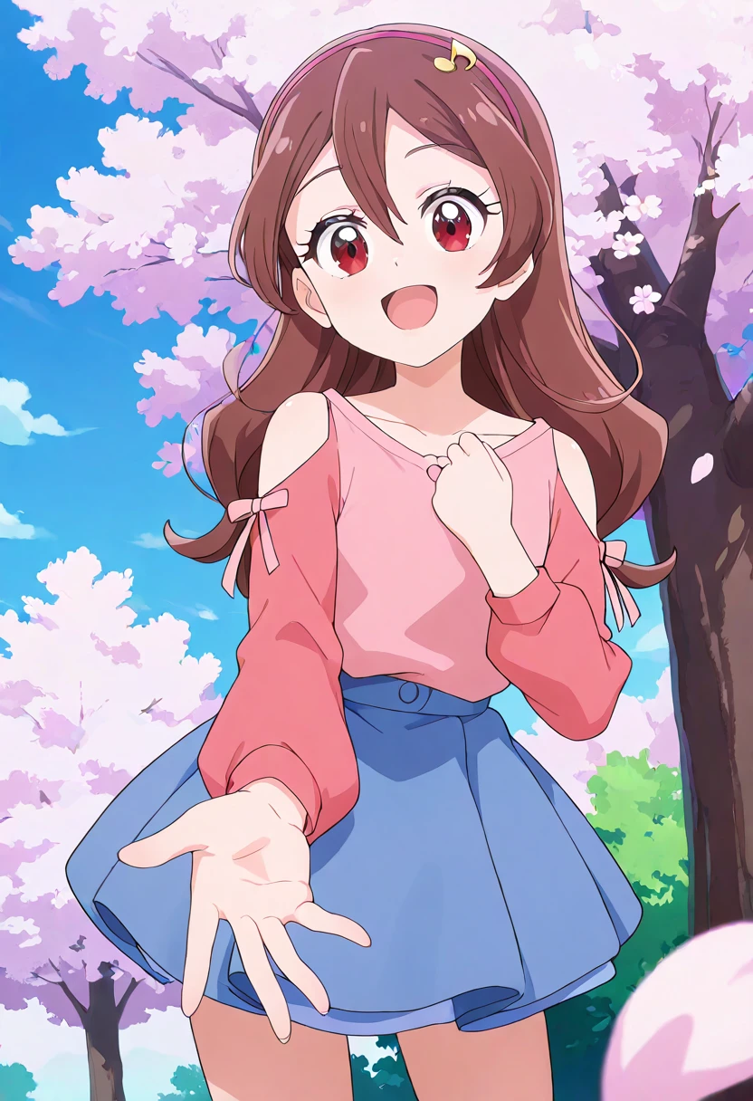 masterpiece, best quality, absurdres, very aesthetic, general,
sakura uta, casual, 1girl, brown hair, smile, solo, long hair, looking at viewer, open mouth, petals, outstretched hand, collarbone, outdoors, pink shirt, eyebrows visible through hair, clothing cutout, shoulder cutout, reaching out, outstretched arm, hair ornament, day, hand on own chest, shiny hair, hair between eyes, clenched hand, eyelashes, blue sky, pink hairband, red eyes, musical note hair ornament, tree, bare shoulders, anime coloring, off shoulder, open hand, off-shoulder shirt, brown eyes, cherry blossoms, pink ribbon, happy, pink dress, foreshortening, headband, hand up, hair down, arm ribbon, spread fingers, cloud, detached sleeves, depth of field, reaching towards viewer, reaching, wavy hair, puffy long sleeves, standing, bow, falling petals, singing, blue skirt, pleated skirt, miniskirt, layered skirt,
<lora:cure_idol_sakura_uta_illustXL_locon_v1:0.8>