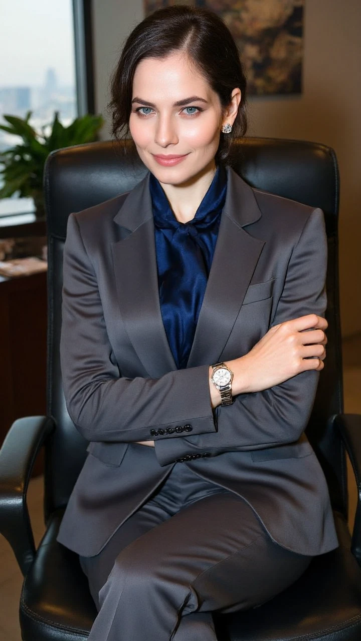 A powerful and charismatic female executive is seated in a modern-style leather office chair. She is dressed in a sharply tailored dark gray haute couture suit, paired with a silky ivory blouse and a navy blue silk scarf tied at the neck. The suit's structured shoulders create a sleek silhouette. The trousers are slim-fit straight-leg pants in the same tone, highlighting elegant proportions.
Her hairstyle is a neat short cut with slightly inward-curled ends, exuding a poised professional aura. Her makeup is refined and natural, with deep and expressive eye makeup and a subdued rose-colored lip shade. She wears a pair of minimalist diamond stud earrings and an elegant Swiss luxury watch on her wrist.
With her arms crossed over her chest and her back straight against the chair, she exudes sharp confidence with a faint, enigmatic smile on her lips. Her posture conveys undeniable authority and composure. The chair is a high-back office chair made of black leather, emphasizing professionalism and status.
The backdrop is a spacious and brightly lit CEO office, with the city skyline fully visible through the floor-to-ceiling windows. On the desk are a laptop, a folder, and a fountain pen, all neatly arranged. Abstract art decorates the walls, and green plants in the corners complete the high-end business ambiance.
The shot is taken from a slightly upward angle to emphasize her commanding presence. The lighting primarily uses natural light, supplemented by soft indoor lighting, creating a bright and clear effect. The primary colors of the scene are business gray, complemented by black and ivory, conveying a professional and steady atmosphere.
The overall scene portrays the image of a professional woman at the pinnacle of power. Through meticulously crafted details of posture, expression, and environment, it perfectly encapsulates the confidence and charm of a modern female leader.