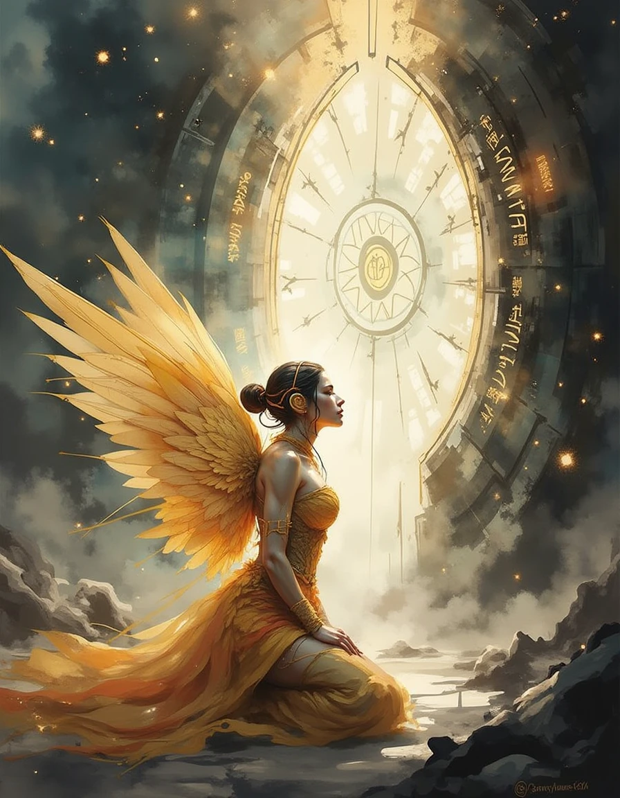 A dinkwfsn style painting,  A divine cyber-sentinel, her form composed of golden filaments and semi-transparent nanofibers, kneels before an otherworldly portal pulsating with celestial fractals. Her synthetic wings, a lattice of glowing energy, unfurl as she prepares to ascend. The gateway crackles with arcs of pure data, forming patterns resembling ancient glyphs. The scene radiates an aura of transcendence and mystery, captured in a close-up shot with soft focus and ambient volumetric lighting., <lora:Mystic-Fusion_v10:1>