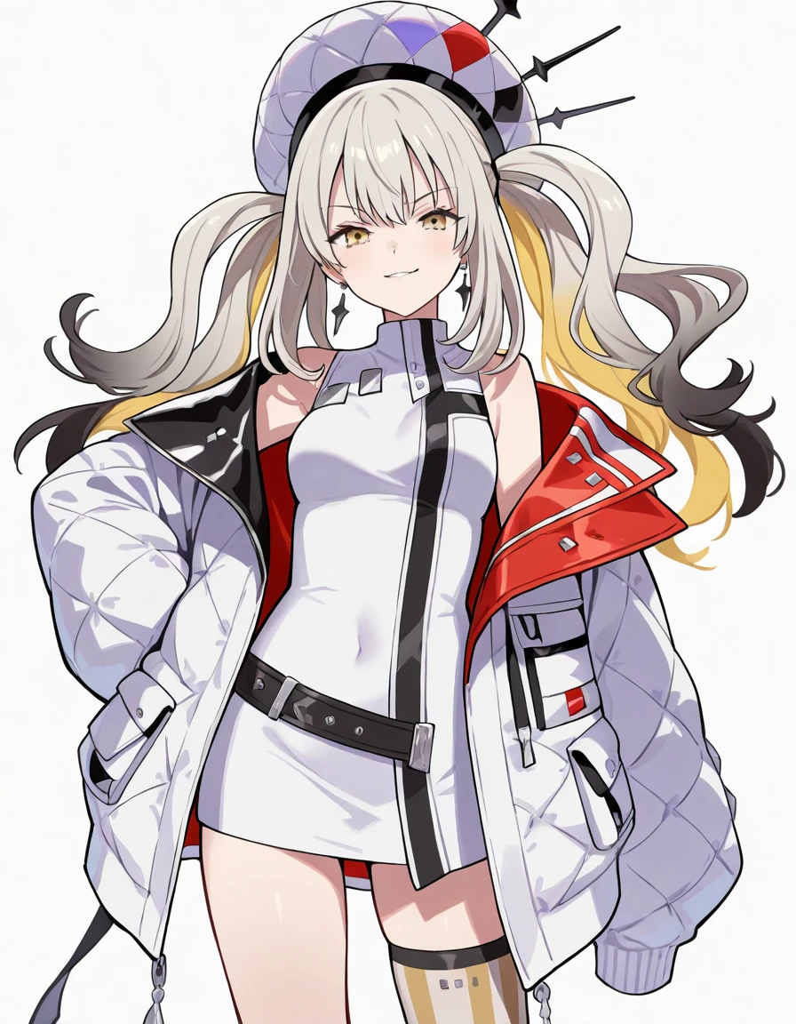 A girl frontal,((full bodyesbian,Suits,Long curly white gas)),Calf white silk,Put your hands in front,Young, White background