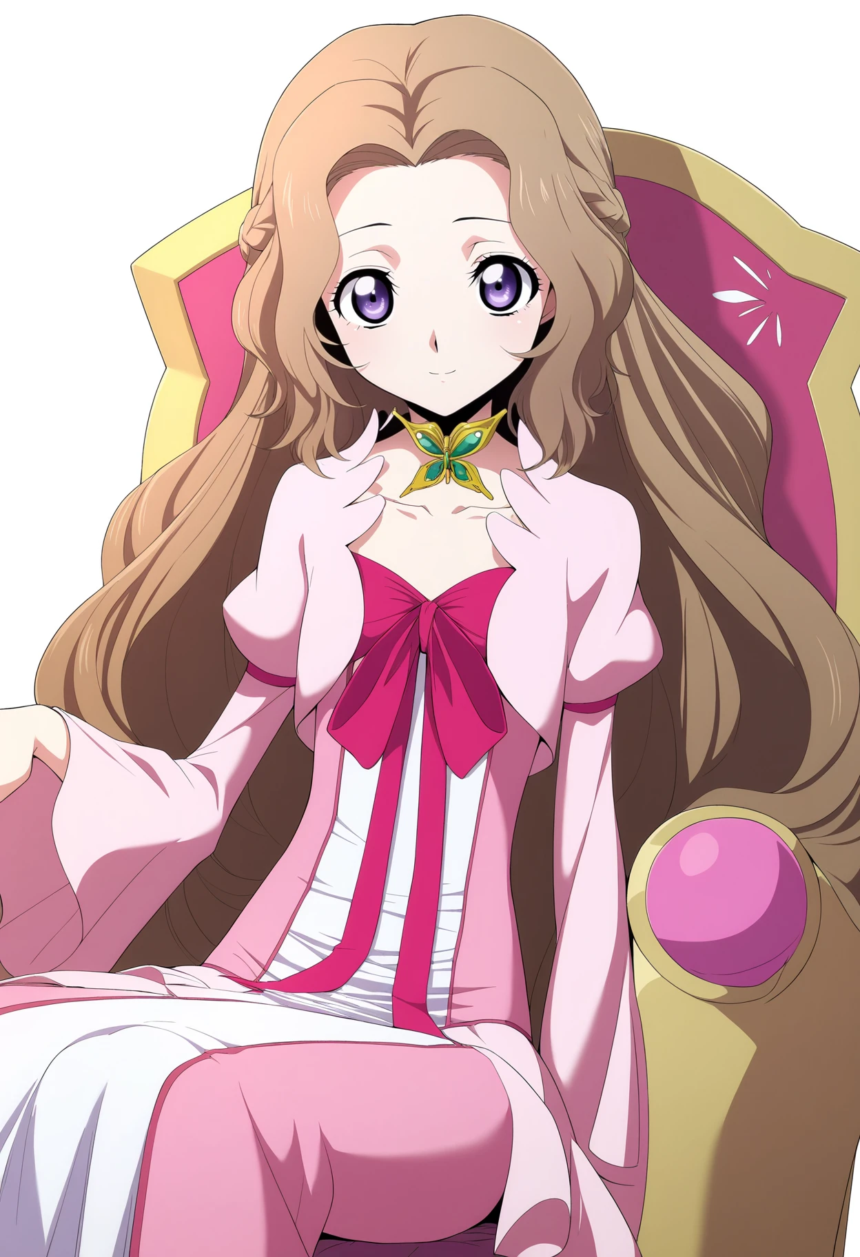 masterpiece, best quality, very aesthetic, absurdres,
1girl, nunnally, long hair, brown hair, purple eyes,
dress,
sitting, chair,
smile, solo, looking at viewer, simple background, white background, <lora:NunnallyViBritanniaNoobXL_byKonan:1>