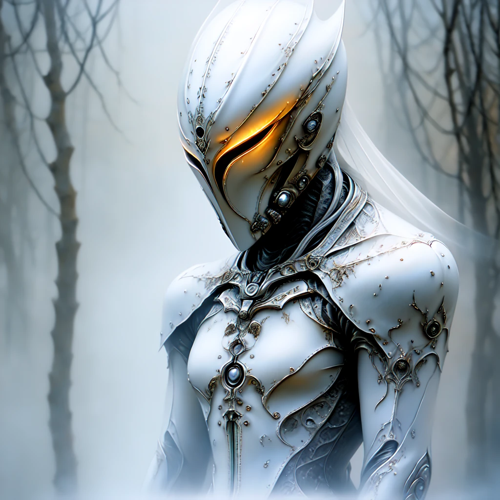 <lora:Ethereal_Gothic_EleganceSD1:1.2> Ethereal Gothic Elegance, The image is a digital art piece that appears to be a representation of a futuristic or sci-fi character. The character is standing in a foggy or misty environment with trees and bushes in the background. The figure is wearing a large metallic helmet with a unique design on its head and body. The helmet is covered in intricate patterns and designs with a large eye in the center and a small nose and mouth. The body of the figure is also covered in a layer of fog or mist giving it a mysterious and eerie appearance. The overall mood of the image is eerie and mysterious., solo, upper body, tree, helmet, armor, from side, fog, profile, 1girl, realistic