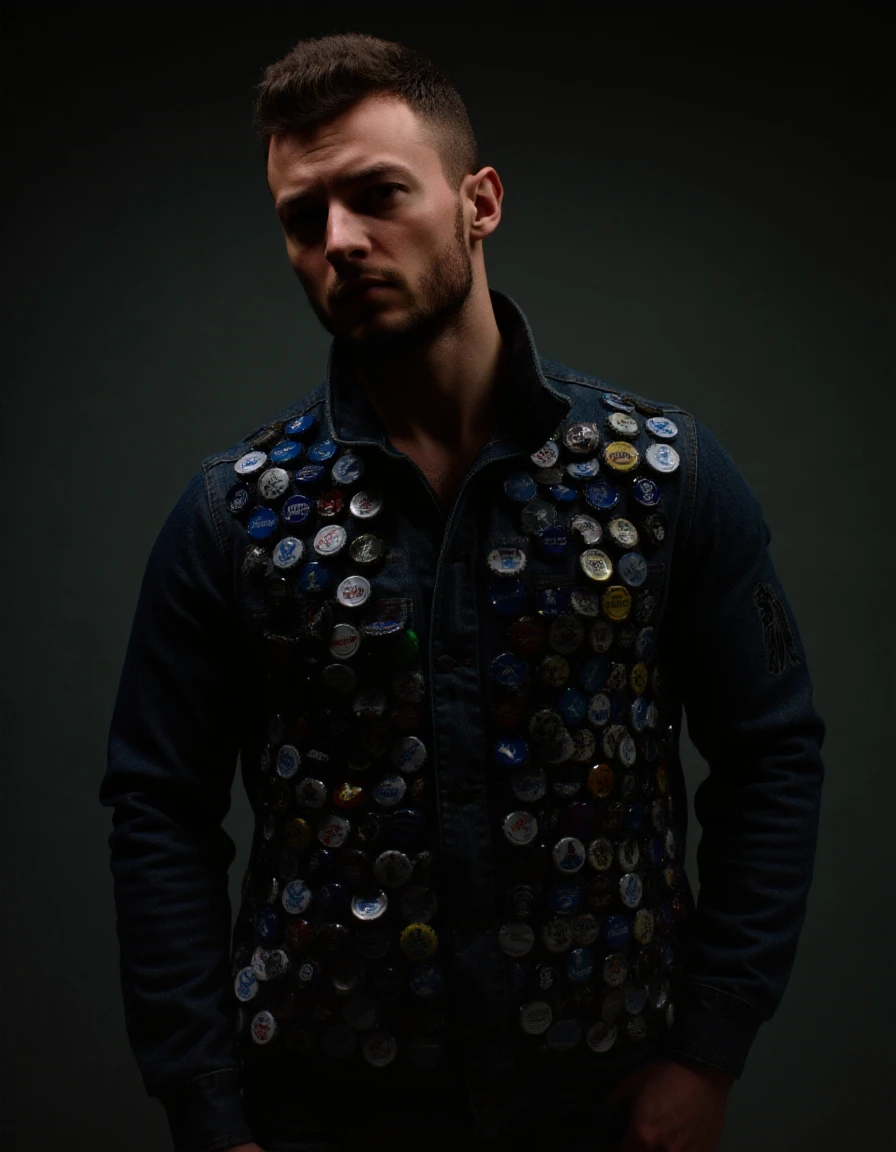 Nickxxx. The image is a high-resolution photograph of a young man with a rugged, athletic build and a well-groomed beard. He has a light olive skin tone and short, dark hair styled in a messy, slightly tousled manner. His facial expression is contemplative, with his eyes gazing thoughtfully off to the side. He has a prominent, wearing a punk jacket lined with hundreds of metal beer bottle caps, featuring detailed, black and gray shading that depicts a stylized, possibly mythical or animalistic design.