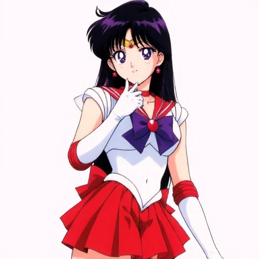 standing tall in a red pleated skirt and a white sailor top. A purple bow rests on the chest, with one hand gently touching the chin in thought., Mar$. Character with raven-black hair and a calm yet intense expression. Wearing a red and white sailor uniform with a structured purple bow on the chest. The posture is upright