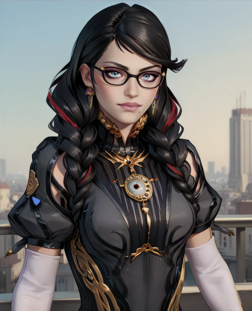 score_9,score_8_up,score_7_up,score_6_up,score_5_up,score_4_up,
bayonettaxl,light blue eyes,makeup,black hair,streaked hair,glasses,mole under mouth,
jewelry,earrings,twin braids,bodysuit,clothing cutout,white elbow gloves,
evening,city,looking at looking at viewer,upper body,<lora:BayonettaXL-12v62:1>,