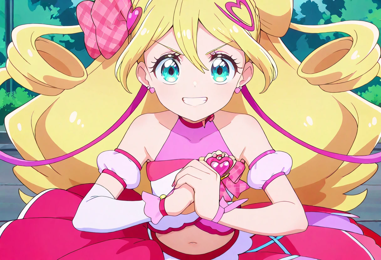 masterpiece, best quality, absurdres, very aesthetic, general,
cure idol, 1girl, blonde hair, solo, smile, heart hair ornament, earrings, blue eyes, grin, multicolored hair, looking at viewer, two-tone hair, hair bow, upper body, pink bow, heart earrings, detached sleeves, teeth, pink hair, own hands together, bare shoulders, wrist cuffs, aqua eyes, plaid bow, eyelashes, clenched teeth, heart hands, hair between eyes, arm warmers, v-shaped eyebrows, pink choker, cracking knuckles, streaked hair, white sleeves, very long hair, eyebrows visible through hair, shiny hair, fist in hand, floating hair, drill hair, halterneck, ponytail, pink sleeves, pink ribbon, hair ribbon, pink dress, plaid ribbon, twin drills, crossed arms, collarbone, pink nails, anime coloring, long sleeves, sleeveless, half updo, pink hairband, white dress, :d, covered collarbone, pink neckwear, puffy sleeves, open mouth, pink shirt, big hair, heart brooch, hair bun, huge bow, white hairband, straight-on, high ponytail, wide ponytail, clenched hand, outdoors, wrist bow, sidelocks, hair beads, navel,
<lora:cure_idol_sakura_uta_illustXL_locon_v1:0.8>