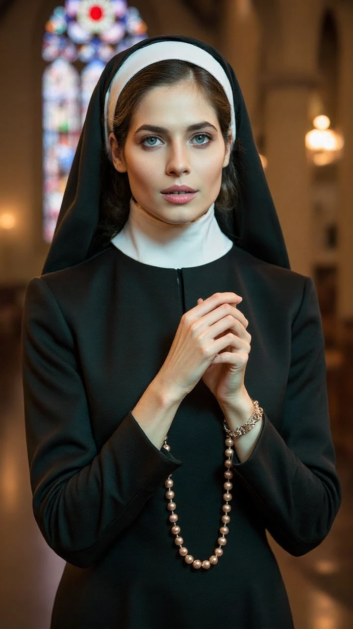 A woman dressed in a classic black and white nun's habit, the black robe gently draping to outline her graceful figure. A white headpiece elegantly frames her hair, accentuating her delicate features. Beneath the veil, her fair face is revealed with deep and gentle eyes, long lashes fluttering like butterfly wings. Her lips are subtly colored, exuding a natural pink hue.
She stands before a stained glass window in the church, the colorful light and shadow cascading over her, creating a sacred and dreamlike atmosphere. Her hands are folded over her chest, holding a string of rose beads. Her posture is graceful and devout, yet faintly imbued with an elusive allure.
The shooting location is set in an ancient Gothic church, surrounded by towering spires and pillars. The background features massive stained glass windows depicting biblical stories. Light filters through the stained glass, casting colorful patterns on the ground, forming a harmonious composition with the figure.
The overall tones of the scene are mainly black and white, complemented by the rainbow hues cast by the stained glass, both solemn and dreamy. The composition emphasizes the elegant posture of the figure while preserving the grandeur of the church architecture. In the distance, faintly visible burning candles add a touch of mystery to the scene.
The overall atmosphere maintains the solemn sanctity of religion while subtly incorporating elegance and beauty, presenting a unique visual tension.