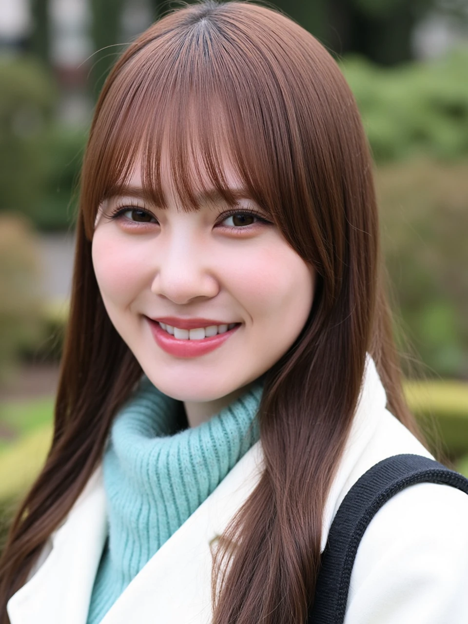 Facial close-up, a sharp focus 35mm photo of a young woman named katoshi with long straight brown hair and bangs. She smiled slightly at the corner of her mouth and looked at the camera. The woman is wearing a white coat and a light-blue scarf around her neck, and has a black shoulder bag slung over her shoulder. The background appears to be a park or garden with trees and bushes. The overall color tone of this photo is bright and soft. ** Delicate face.