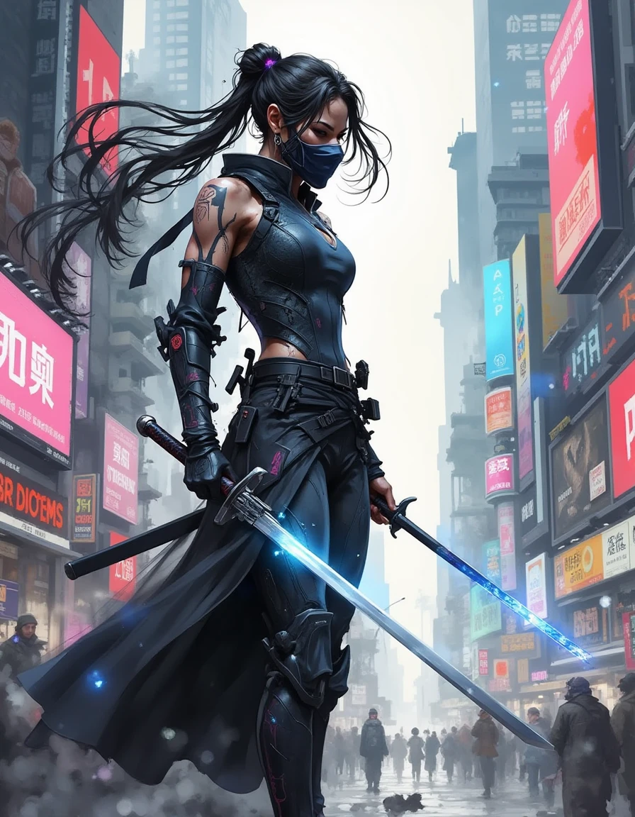 A dinkwfsn style painting, A cyber-ninja, her body enhanced with advanced technology, stands in front of a shimmering force field that stretches across a futuristic cityscape. Her suit is sleek and dark, with glowing accents, and her katana hums with energy. The background is filled with neon billboards and distant skyscrapers, all bathed in the glow of the force field. The atmosphere is tense and action-packed, with strong lighting and sharp shadows. The composition is a full-body shot from a side angle, showcasing the cyber-ninja in action., <lora:Mystic-Fusion_v10:1>