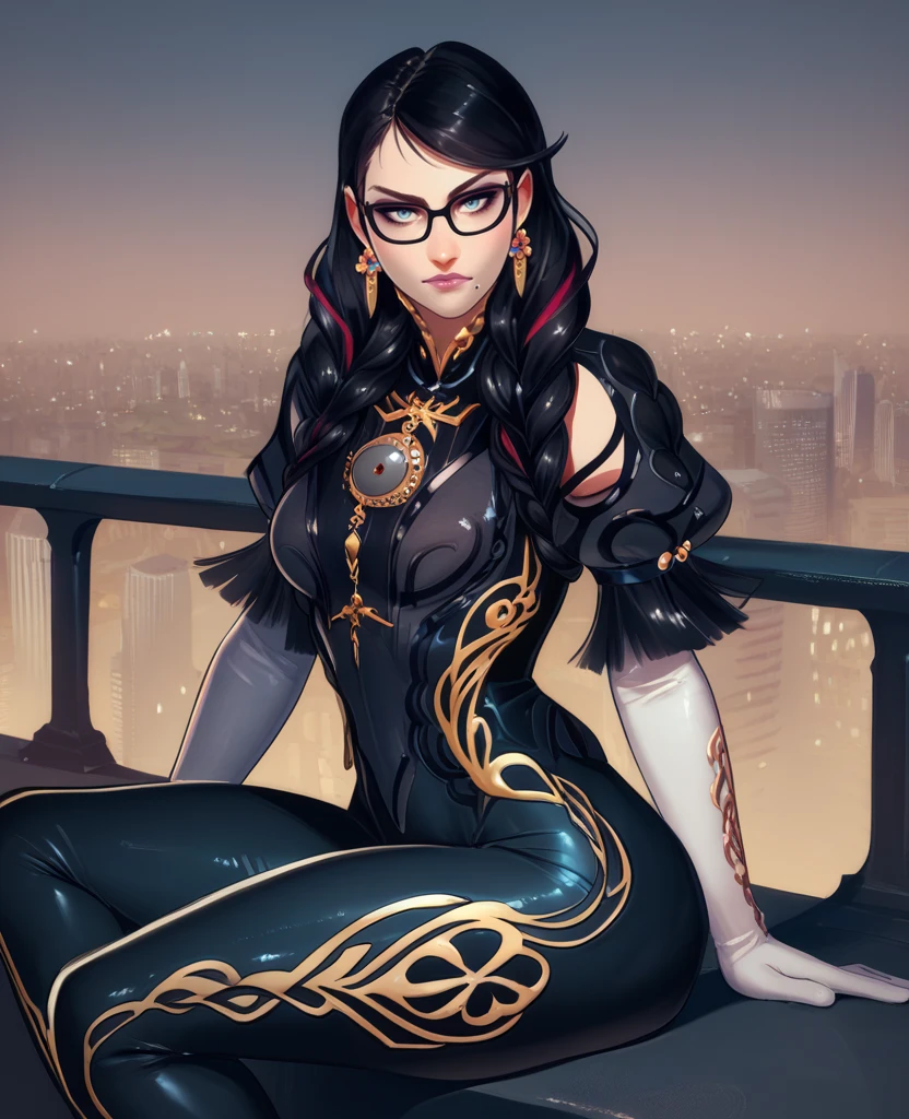 score_9,score_8_up,score_7_up,score_6_up,score_5_up,score_4_up,
bayonettaxl,light blue eyes,makeup,black hair,streaked hair,glasses,mole under mouth,
jewelry,earrings,long twin braids,bodysuit,clothing cutout,elbow gloves,
sitting,pose,
evening,city,looking at viewer,<lora:BayonettaXL-12v62>,