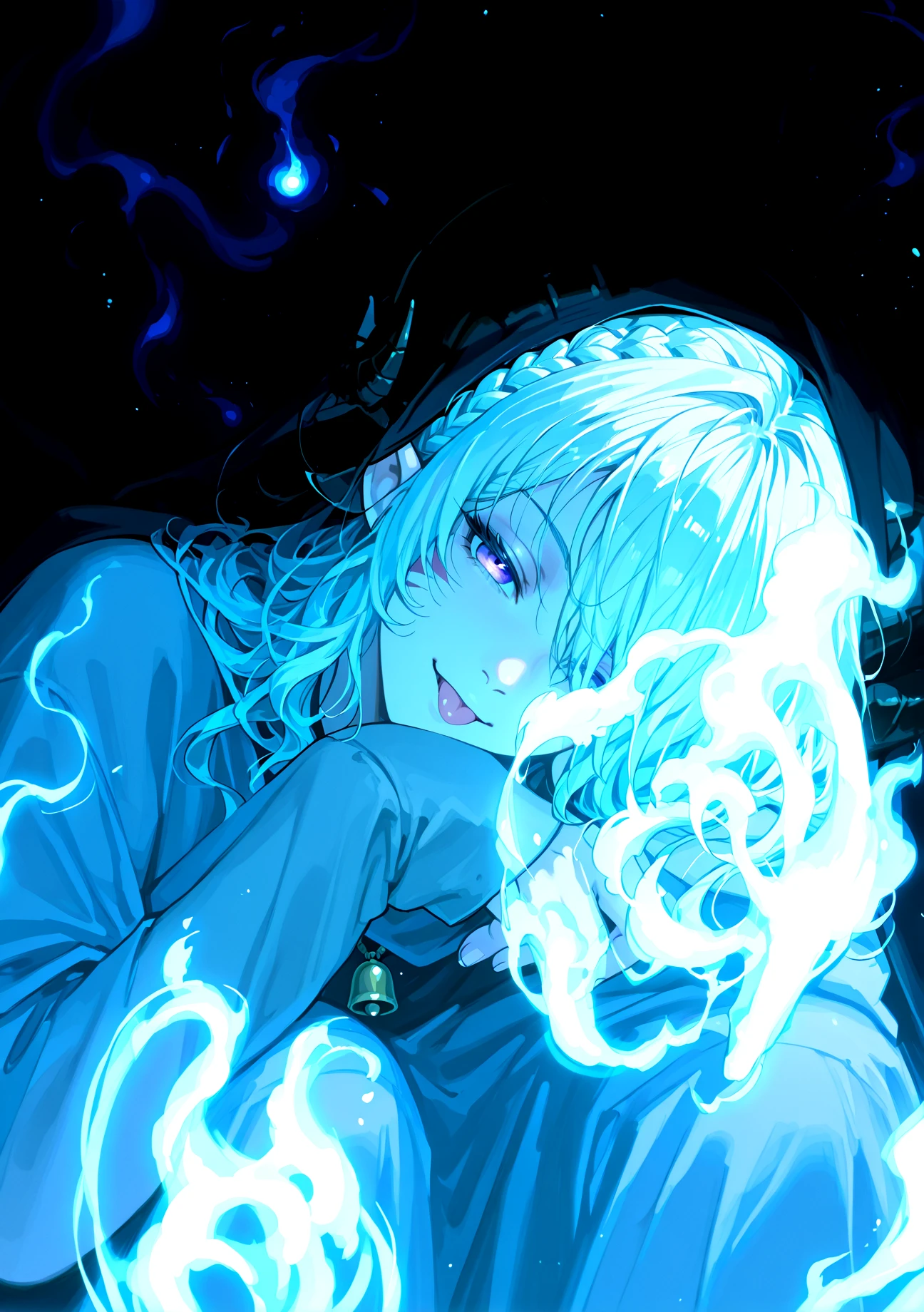 <lora:hitodama_PDXL:1> hitodama, dimmed, shadow, dark forest, <lora:DarkerThanBlackIllustrious:0.3> close up:1.4, portrait, light smile, dark, tongue out, masterpiece, tiefling, tail, anime, pointy ears, tiefling, silver hair, ivory sheep horn, head tilt, head rest, sitting,
<lora:whisker_markings:0.8>red whisker_markings:1.7, silver long wavy hair, bell necklace, short pointy ears, purple eyes, tiefling_bard_diana:1.2, hair over one eye, braid, <lora:Tiefling_bard_Diana_ILXL:1> cloak, , seductive smile,