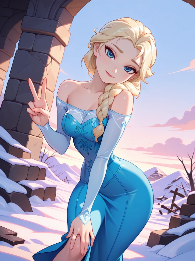highres, hi res, best quality, masterpiece,
1girl, medium breasts, narrow waist, wide hips, (ElsaXL:1.1), blonde hair, blue eyes, single braid, hair over shoulder, blue dress, bare shoulders, long sleeves, long skirt,
light smile, dutch angle, naughty pose, looking at viewer, snow, ruins, sky, clouds, daylight, portrait, dynamic pose, cowboy shot, head tilt, v, one hand on knee,
 <lora:ElsaXL_Character:0.75><lora:[Kajin-man] Artist Style IllustriousXL:0.85>