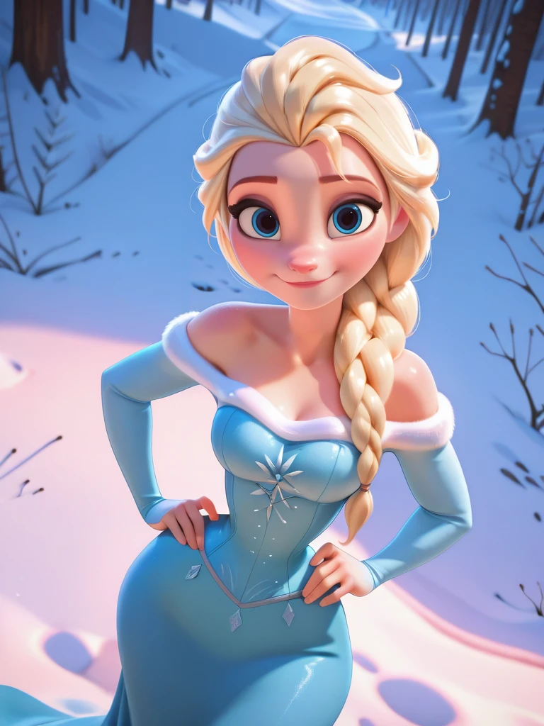 highres, hi res, best quality, masterpiece,, DisneyStudioXL, cinematic,
1girl, medium breasts, narrow waist, wide hips, (ElsaXL:1.1), blonde hair, blue eyes, single braid, hair over shoulder, blue dress, bare shoulders, long sleeves, long skirt,
light smile, dutch angle, cute pose, looking at viewer, snow, dynamic pose, cowboy shot, one hand on hips, one hand on hair, from above,
<lora:ElsaXL_Character:0.7> <lora:DisneyStudios_style-12IL:0.8>