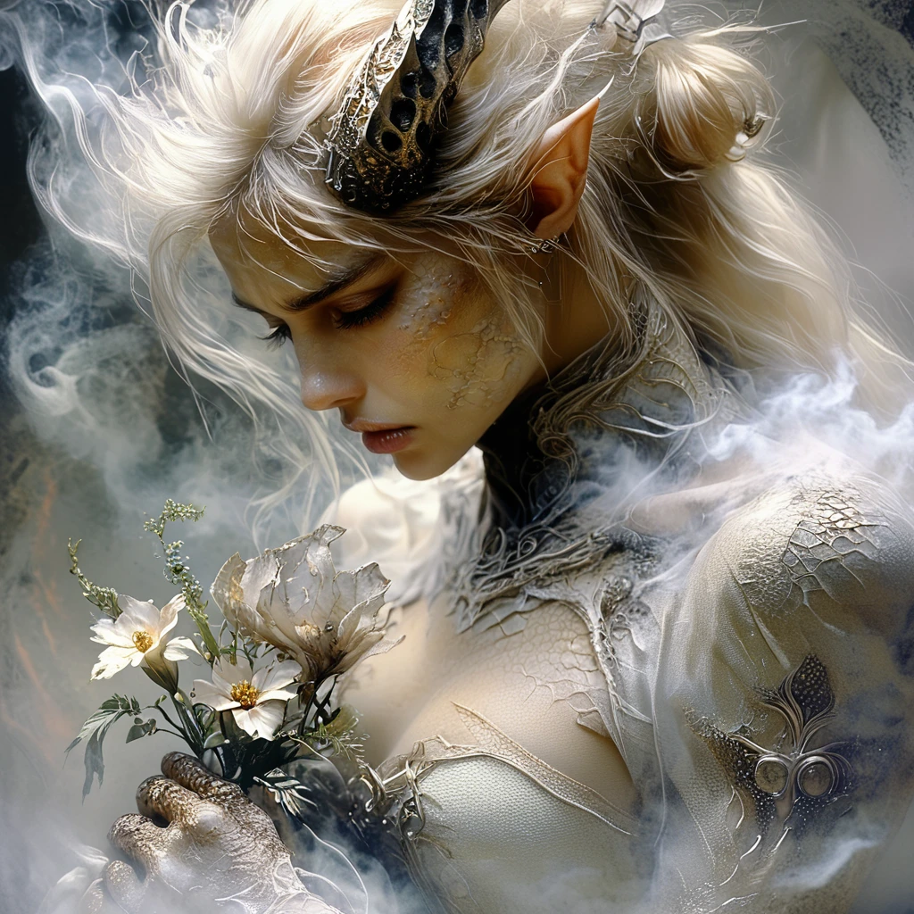 Score_9, score_8_up, score_7_up, score_6_up, BREAK <lora:Ethereal_Gothic_ElegancePony:1> Ethereal Gothic Elegance, The image is a digital art piece that appears to be a fantasy or sci-fi scene. It features a close-up of a dragon's head and neck with its mouth open and teeth bared. The dragon's eyes are large and piercing and its mouth is open wide revealing sharp teeth. The head is covered in scales and has a fierce expression. In front of the dragon there is a young woman with long white hair wearing a white dress and a crown of flowers on her head. She is looking down at the dragon with a contemplative expression on her face. The background is dark and stormy with a hint of smoke and fog. The overall mood of the image is mystical and mystical., 1girl, blonde hair, long hair, dragon, realistic, breasts, pointy ears, horns, lips, fantasy