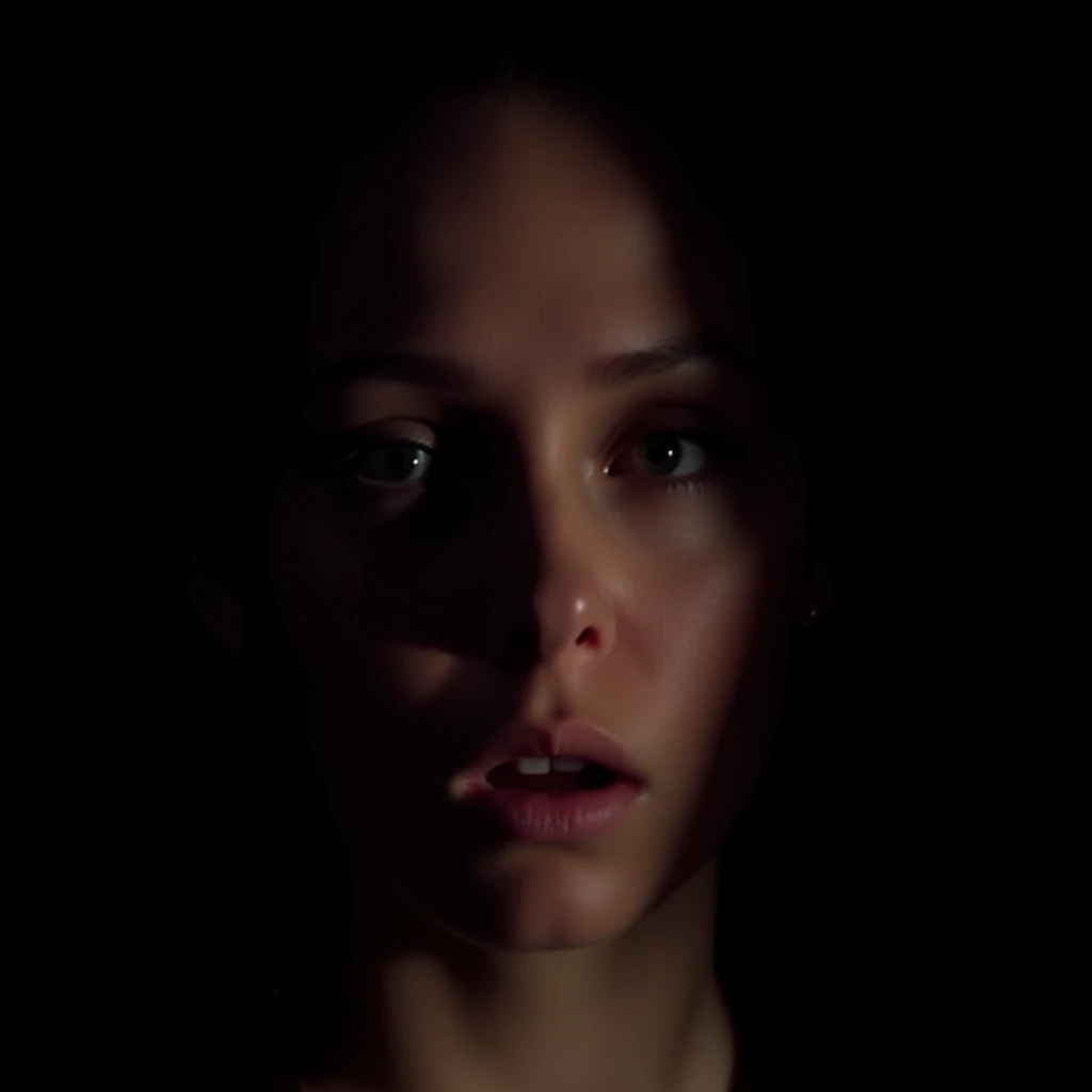 UHD, 4k, ultra detailed, cinematic, a photograph of <lora:partially covered in shadow split light style v1:0.8>
a staring woman with surprised face staring at camera in the dark with her half face covered in shadow, epic, beautiful lighting, inpsiring