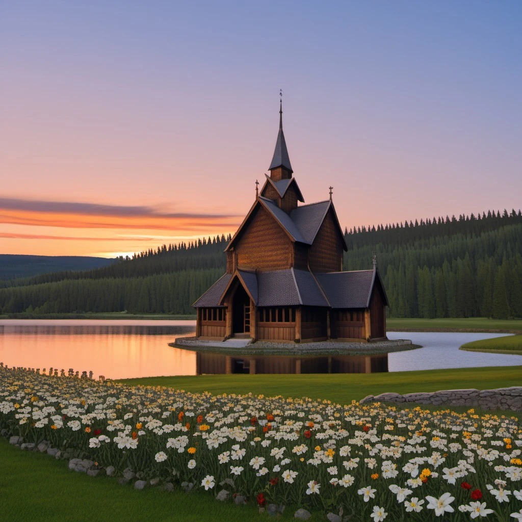 Norwegian stave church, stave church, evening, sunset, flowers, very long hair, Norwegian nature , norwegian landscape, lake, forest, flowers, beautiful sky
