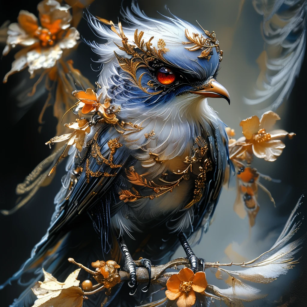 Score_9, score_8_up, score_7_up, score_6_up, BREAK <lora:Ethereal_Gothic_ElegancePony:1> Ethereal Gothic Elegance, The image is a digital art piece of a bird specifically a bird with a blue body and a black head and neck. The bird is perched on a branch with white flowers and leaves. The background is a cloudy sky with a hint of blue giving the impression of a stormy sky. The bird's head is covered in intricate patterns and designs with a large orange eye and a small beak. The body of the bird is a mix of blue and black with gold accents on its wings and tail. The wings are covered in a layer of silver and gold and the tail feathers are also covered in gold and silver. The overall mood of the image is dark and mysterious with the bird appearing to be in a state of distress., no humans, bird, weapon, animal focus, solo, flower, sword, beak, red eyes, jewelry