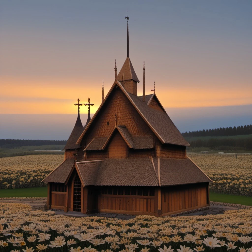 Young female character in front of a Norwegian stave church, wearing norwegian bunad, woman, bunad, stave church, stave church in background, crown, outdoors, evening, sunset, flowers, very long hair, orange hair, Norwegian bunad, norwegian stave church, beautiful face, freckles, brown eyes