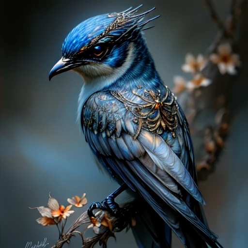 <lora:Ethereal_Gothic_EleganceSD1:1> Ethereal Gothic Elegance, The image is a digital art piece of a bird specifically a bird with a blue body and a black head and neck. The bird is perched on a branch with white flowers and leaves. The background is a cloudy sky with a hint of blue giving the impression of a stormy sky. The bird's head is covered in intricate patterns and designs with a large orange eye and a small beak. The body of the bird is a mix of blue and black with gold accents on its wings and tail. The wings are covered in a layer of silver and gold and the tail feathers are also covered in gold and silver. The overall mood of the image is dark and mysterious with the bird appearing to be in a state of distress., no humans, bird, weapon, animal focus, solo, flower, sword, beak, red eyes, jewelry