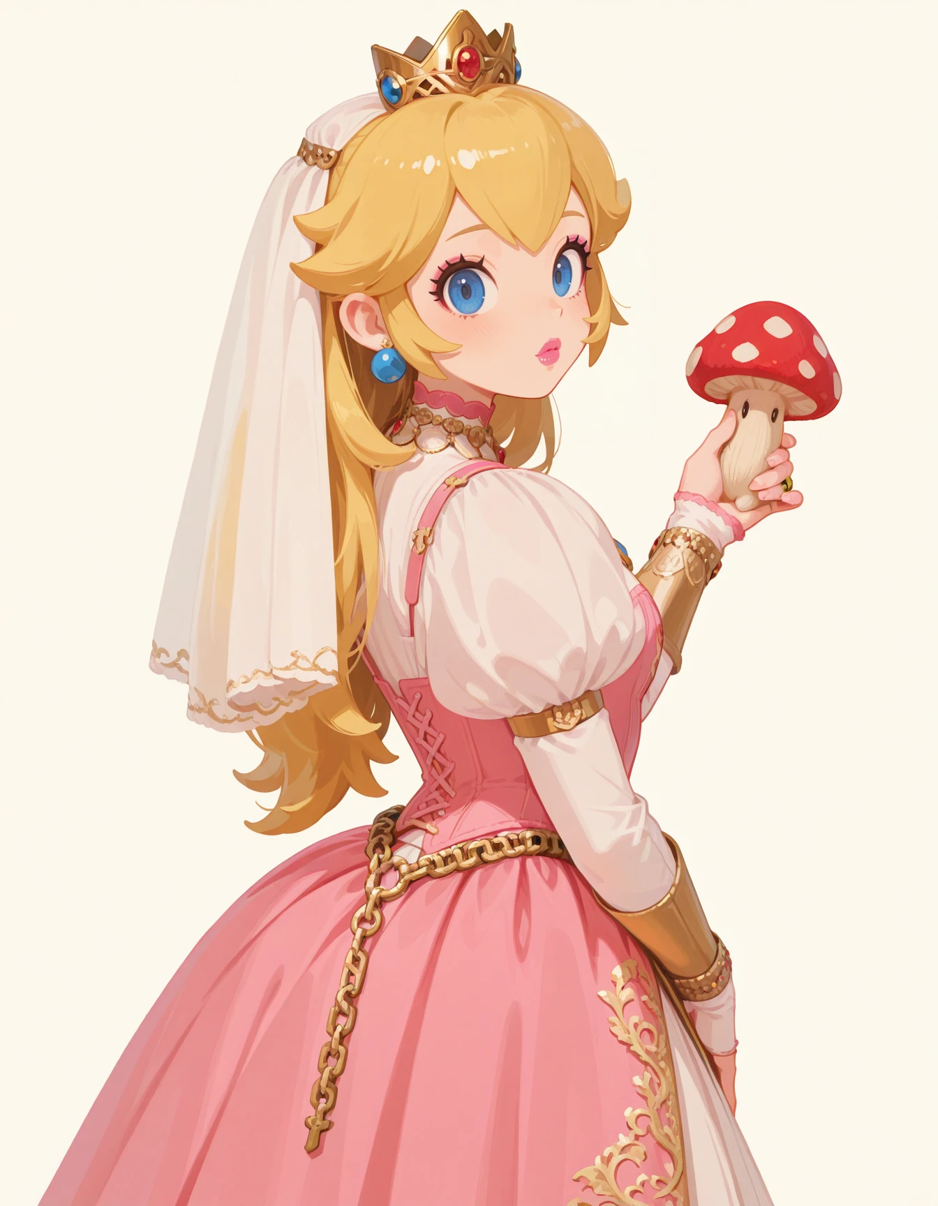1girl, solo, princess peach, from side, looking back, mushroom kingdom, pink ballgown, pink clothing, (gold diadem), dramatic eyeliner, armlets, petticoat, bridal gauntlets, bridal veil, pink corset, shoulder straps, very long juliet sleeves, necklace, turtleneck, ornate clothing, (blue puffy sleeves), giant mushrooms, mushroom castle, jewelry, belt accessory, belt chain, <lora:DamselElodieBridal-ILXL2025-02-04_00-26-47-save-600-24-0:0.8>, cowboy shot, looking at viewer hands in lap <lora:Style_shiiro-haiz-ai-ILXL:1> haiz_ai, no lineart,no outline, gem, holding mushroom masterpiece, best quality, very aesthetic, newest