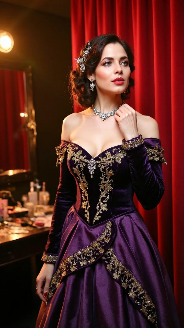 An opera actress dressed in a luxurious Baroque-style gown is making her final preparations behind the curtain. Her deep purple velvet gown is adorned with golden embroidery patterns, the layered skirt cascading elegantly. Delicate lace accents embellish the neckline and cuffs. The cinched waist design beautifully outlines her figure, and she wears a striking crystal necklace around her neck.
Her makeup is highly dramatic, with gold and purple tones blended into her eyeshadow, sharp and bold eyeliner, and thick, curled lashes. Her facial contours are sculpted with precision, and she has chosen a rich, textured deep red for her lips. Her hairstyle features a vintage high bun adorned with sparkling crystal accessories, with several curls naturally framing her neck.
She stands by the heavy red velvet curtain, one hand gently touching the fabric and the other elegantly placed on her chest, eyes closed in deep concentration, as if making her final character adjustments. Around her, the backstage is bustling with staff shuttling back and forth, adjusting lights and props. The mirror on the makeup table reflects the warm glow of the lights, with various stage cosmetics scattered across the surface.
The shot is taken from a 45-degree side angle, showcasing the splendor of the gown while capturing the actress's focused profile. The light is primarily soft and warm-toned, with stage spotlights streaming through the gap in the curtain, creating dramatic contrasts of light and shadow on her. The blurred background hints at silhouettes of other actors and props.
The overall composition brims with the romance and theatricality of opera art, presenting both the grandeur of the performance and the unique state of mind of the artist before taking the stage. The warm-toned light and shadow design add a dreamy quality, endowing the image with a strong artistic impact.