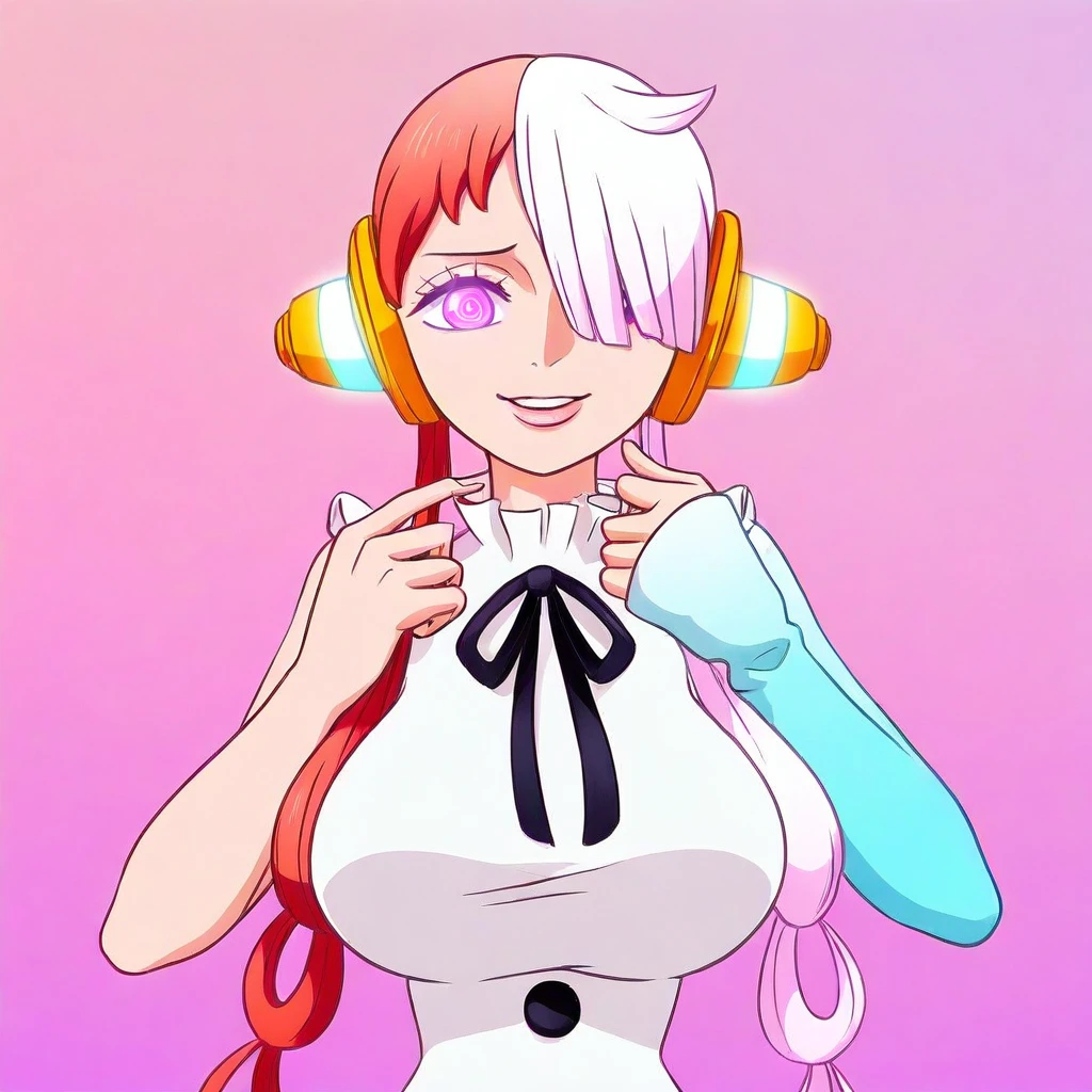((Highest quality, 8k, masterpiece:1.3)), Detailed eyes, (View from the front), Looking at the camera, ((Everything is Shining、Reflects light:1.2)), (Optimal ratio: Four fingers, One thumb), (Portraiture), (((One Piece Uta))), 1 Girl, Cute Face, Tilt your head, Half Body Shot, Counter Past, Blushing, smile, Outdoor, city, Expressive eyes, Perfect Face, , uta, Long Hair,  Headphones, ribbon, Large Breasts, neck ribbon, Split Color Hair, Hair on one eye, Twin tails, Hair Ring, black ribbon, Are standing,1girl, split-color hair, hair over one eye, red hair, multicolored hair, long hair, purple eyes, two-tone hair, hair rings, headphones, ribbon, white hair, bangs, very long hair, medium breasts, white reverse Bunny, huge smile, ,Reverse Bunnysuit,breasts, 1 girl, meme outfit, bangs, reverse bunny suit,, reverse outfit, heart patty, big tits,