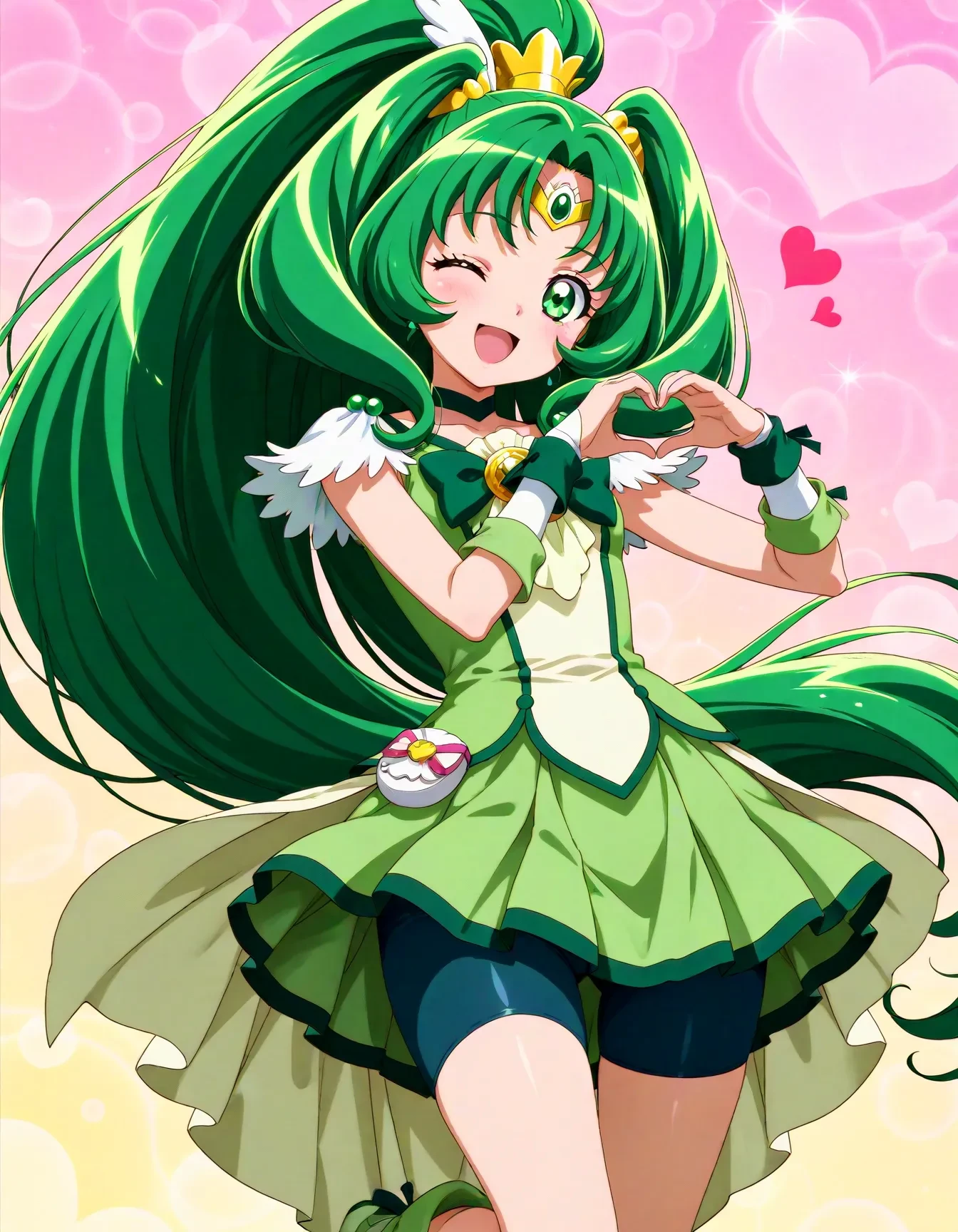 <lora:dmd2_sdxl_4step:1>,official style,masterpiece,best quality,newest,absurdres,highres,very awa,Anime,anime coloring,anime screencap,<lora:Cure_March_V1:1>,cure march,1girl,green eyes,high ponytail,tri tails,green hair,very long hair,hair ornament,wing ornament,jewerly,circlet,green choker,gold hairclip,green bow,green shorts,green skirt,bike shorts,shorts under skirt,green wrist cuffs,detached sleeves,abstract_background,open mouth,one eye closed,heart hand pose,