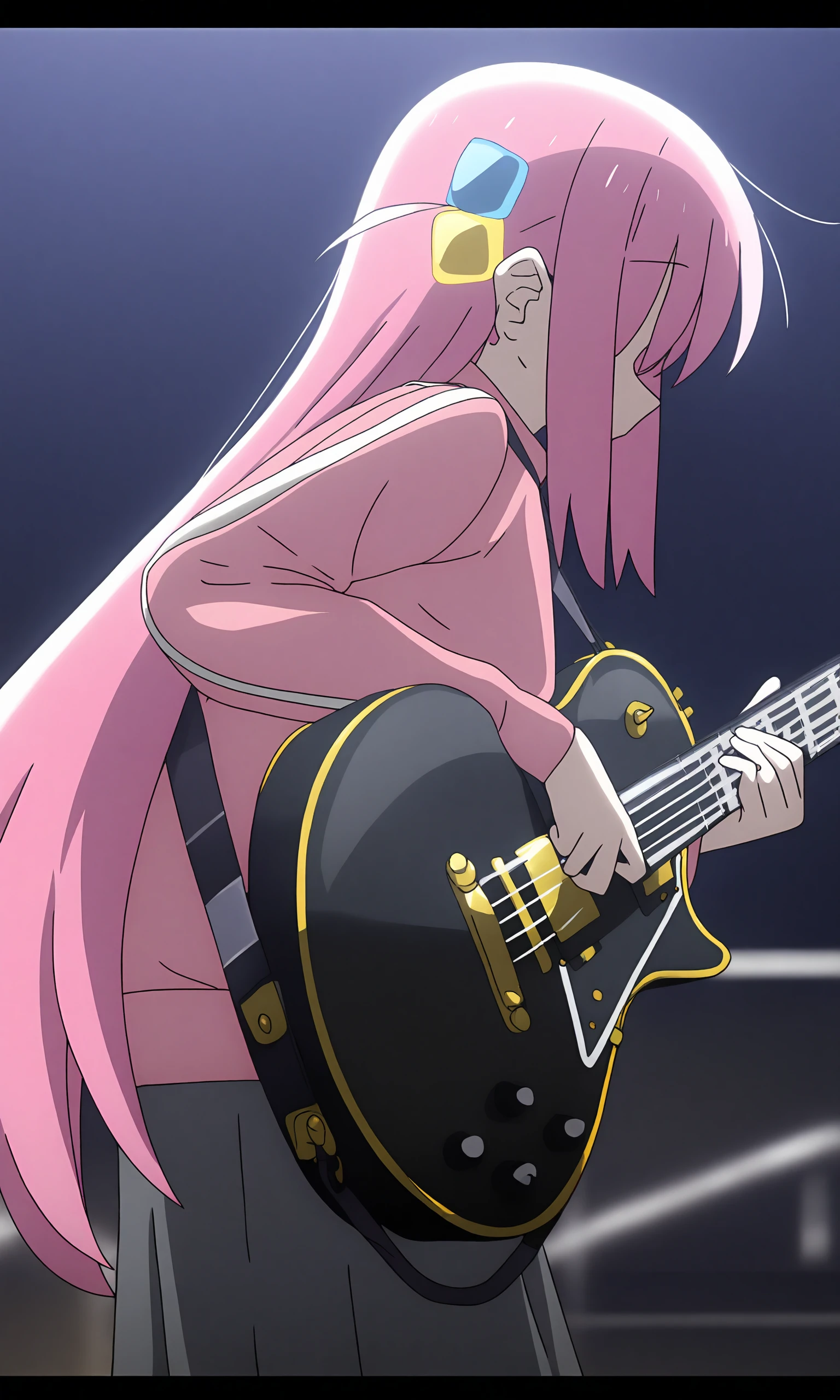 anime coloring, (anime screencap) masterpiece, detailed face, <lora:Bocchi-20:0.8>Bocchi, cube hair ornament, 1girl, hair over eyes, instrument, long hair, pink hair, solo, electric guitar, hair ornament, jacket, holding instrument, guitar, skirt, track jacket, holding, gibson les paul, pink jacket, playing instrument, music, pants under skirt, one side up, long sleeves, grey skirt, blurry, pleated skirt, black skirt, blurry background, very long hair, standing, bangs, faceless female, pants, indoors, long skirt, faceless, leaning forward, plectrum, sidelocks, cowboy shot, from side, track pants,((cowboy shot)), stage, backlights,
Show less