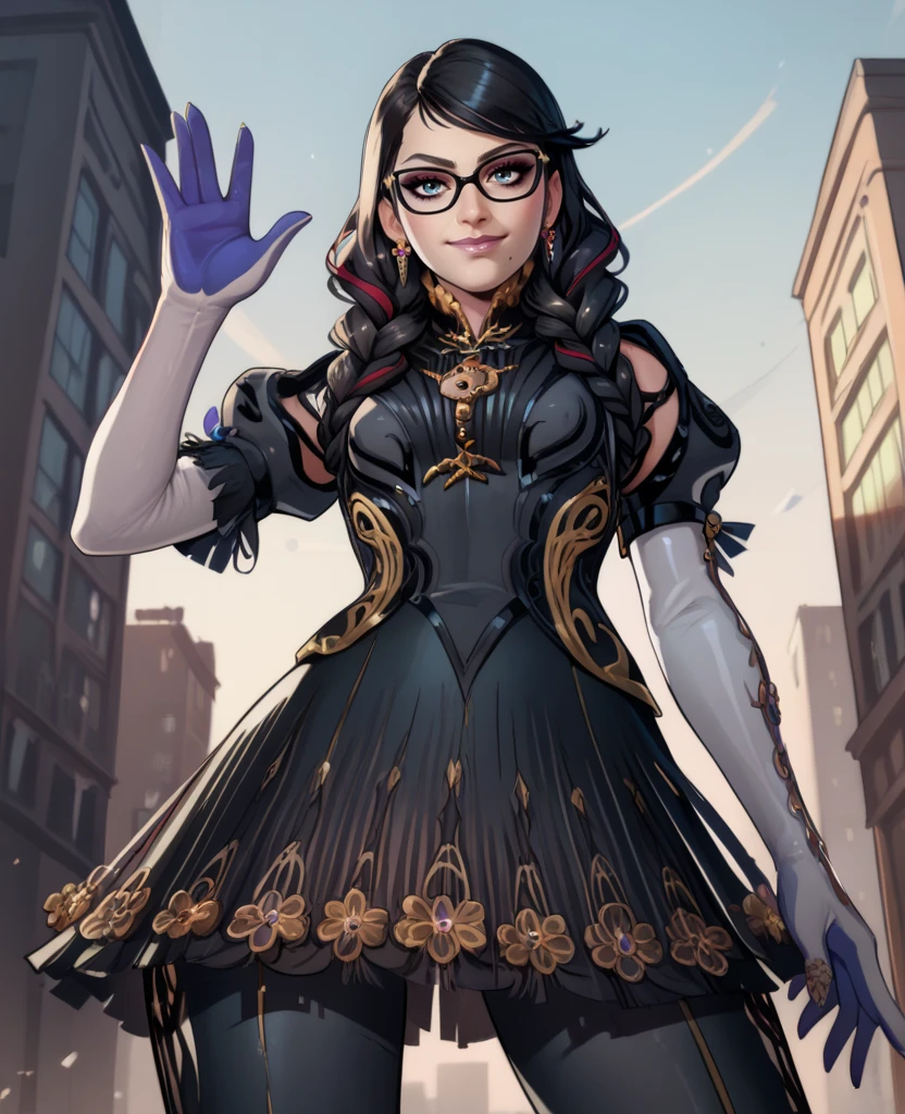 score_9,score_8_up,score_7_up,score_6_up,score_5_up,score_4_up,
bayonettaxl,light blue eyes,makeup,black hair,streaked hair,glasses,mole under mouth,
jewelry,earrings,twin braids,bodysuit,clothing cutout,elbow gloves,waving,from below,
standing,skirt,smile,
evening,city,looking at viewer,<lora:BayonettaXL-12v62>,