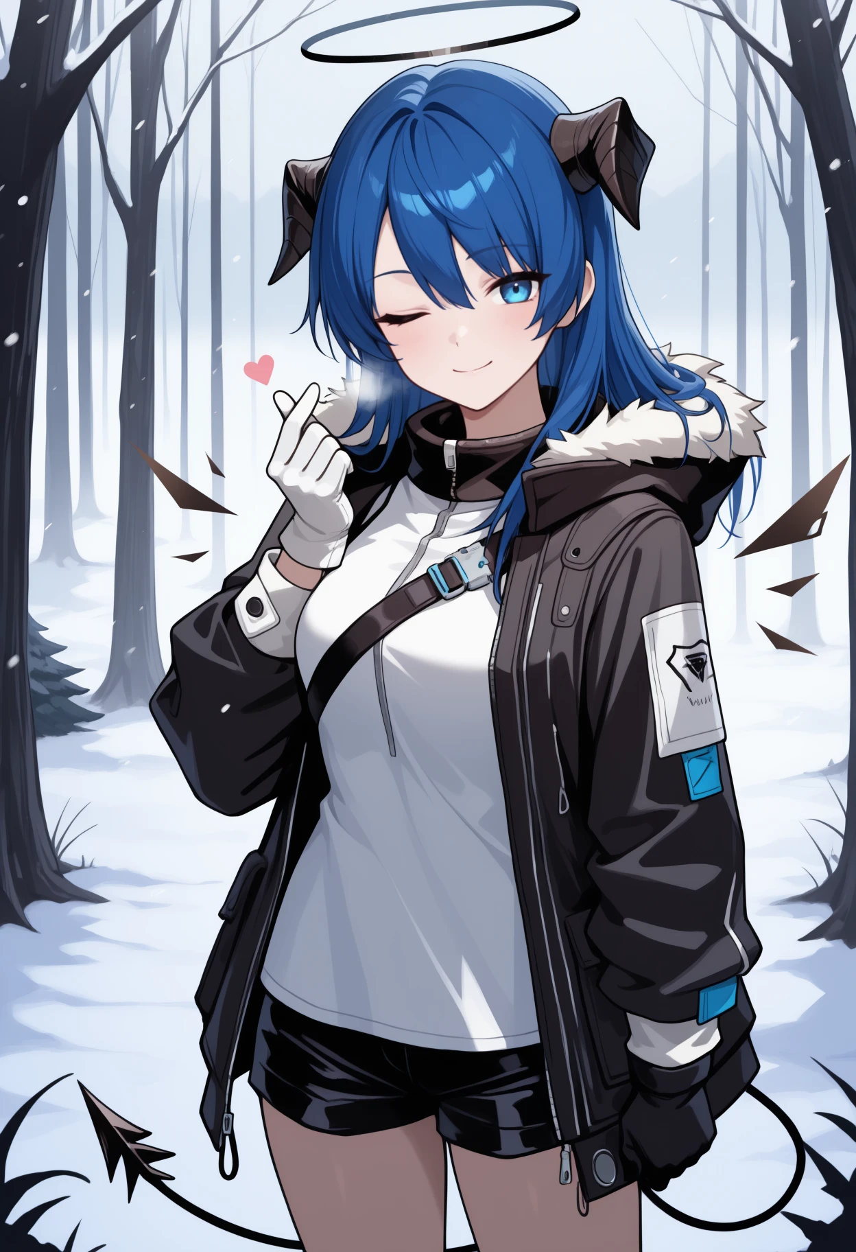 anime, masterpiece, best quality, newest, solo, 1girl, most1madef, black wings, energy wings, detached wings, demon tail, smile, looking at viewer, standing, hand up, finger heart, blue hair, hair between eyes, black horns, demon horns, black halo, blue eyes, one eye closed, fur trim, black jacket, hooded jacket, fur-trimmed hood, hood down, open jacket, long sleeves, white shirt, mismatched gloves, white gloves, black gloves, black shorts, short shorts, outdoors, snowing, nature, tree, fog
<segment:yolo-Anzhc Face seg 640 v2 y8n.pt,0.4,0.5//cid=1>