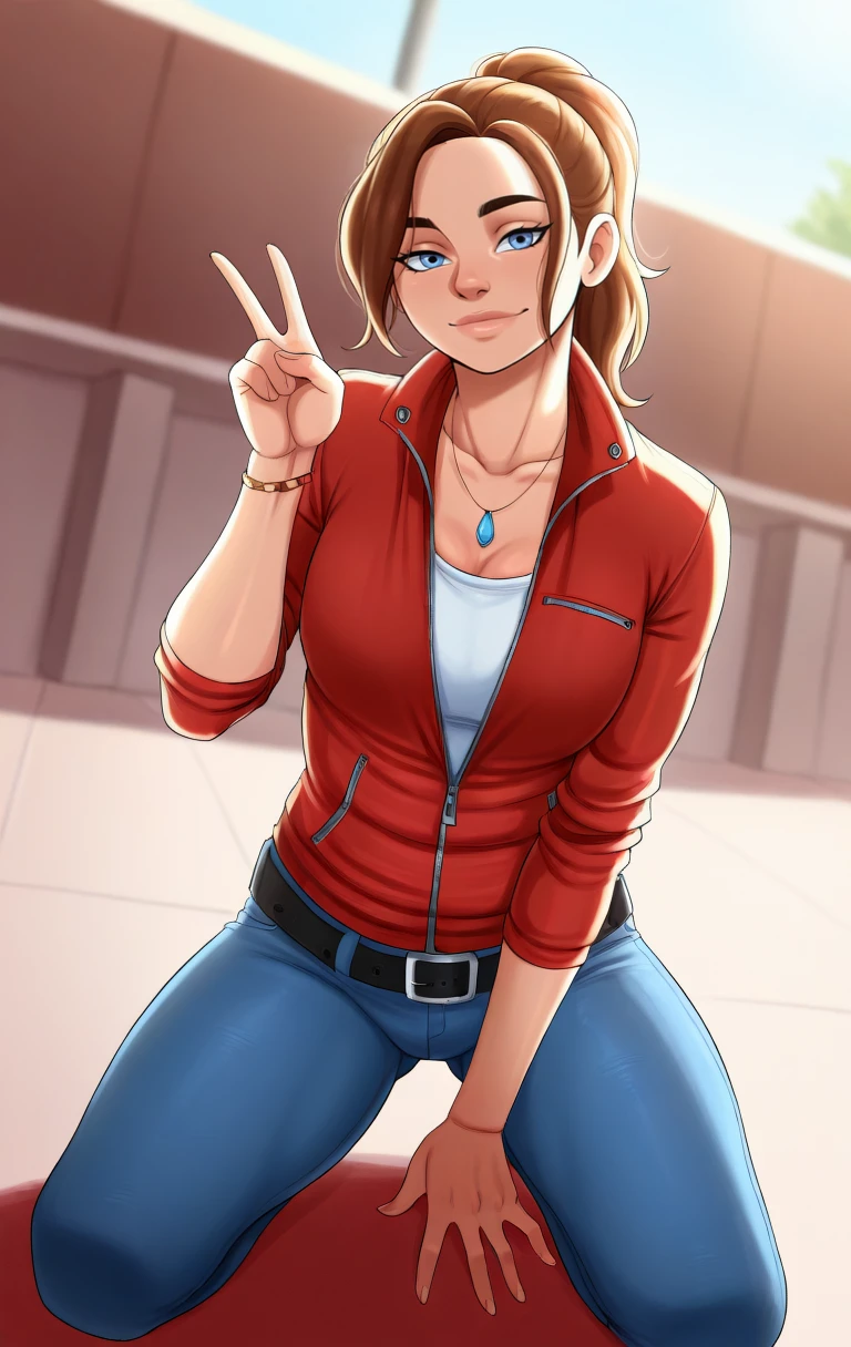 (masterpiece,amazing quality,best quality),<lora:blackwhiplash(bwl)-guy90-Illust-Lycorisv1:1>,blaash,solo,<lora:astroo:0.3>,astroostylev5,<lora:ClaireRedfield:1>,ClaireRedfieldSDL,1girl,solo,blue eyes,brown hair,jewelry,jacket,ponytail,belt,pants,necklace,denim,red jacket,zipper,jeans,cowboy shot,realistic,kneeling, v