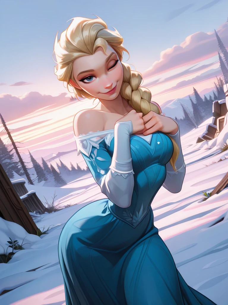 highres, hi res, best quality, masterpiece,
1girl, medium breasts, narrow waist, wide hips, (ElsaXL:1.1), blonde hair, blue eyes, single braid, hair over shoulder, blue dress, bare shoulders, long sleeves, long skirt,
naughty face, dutch angle, naughty pose, looking at viewer, vegetation, snow, ruins, sky, clouds, daylight, portrait, dynamic pose, cowboy shot, head tilt, hands on chest, one eye closed, dutch angle, leaning forward,
<lora:ElsaXL_Character:0.75> <lora:AMarvelRivals_style-06:1> MarvelRivals,,, semi realistic, cartoon,,,