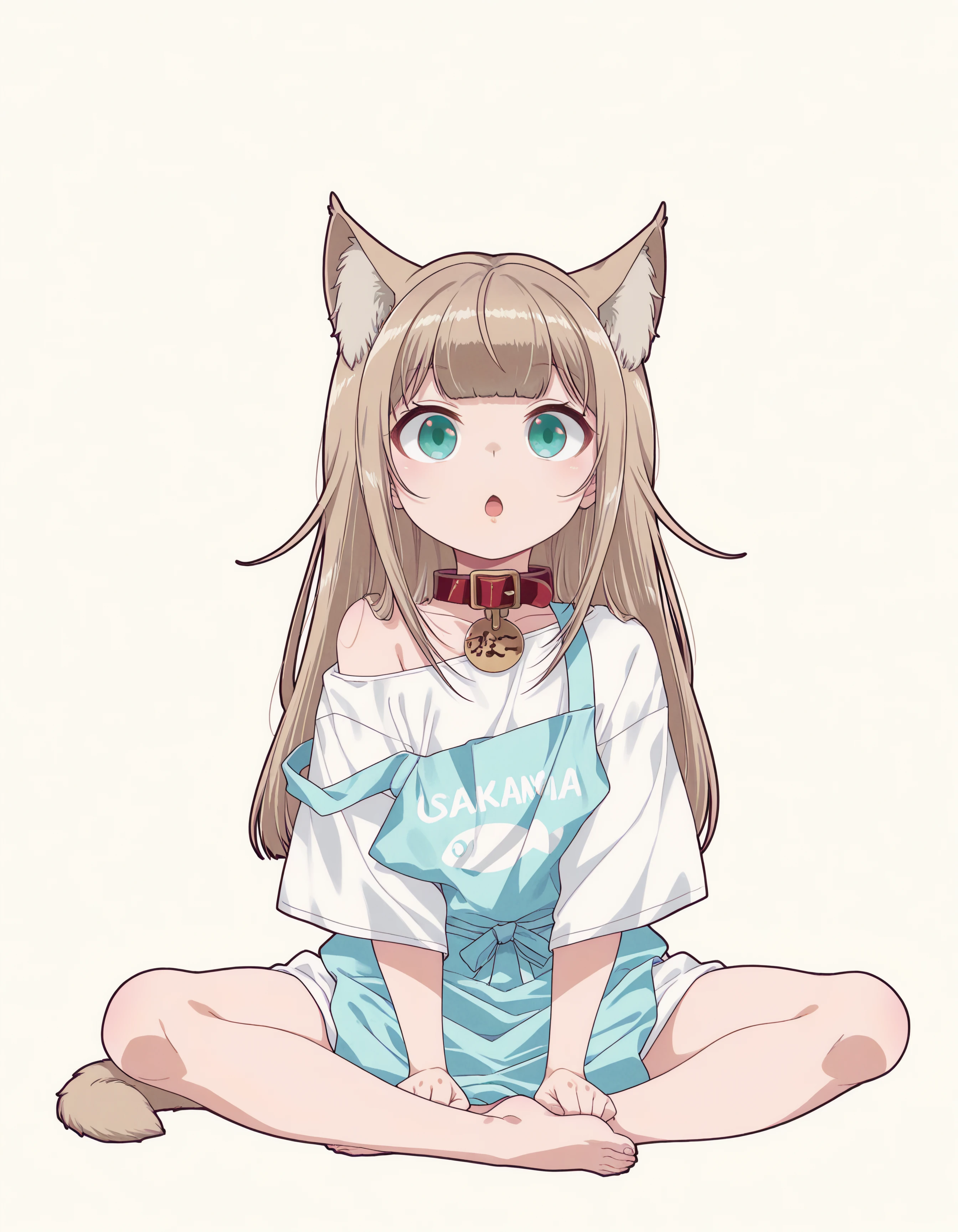 kinako, 1girl, animal_collar, animal_ear_fluff, animal_ears, aqua_eyes, bare_shoulders, barefoot, blonde_hair, collar, eyebrows_visible_through_hair, feet, fetal_position, full_body, green_eyes, long_hair, looking_at_viewer, off_shoulder, red_collar, simple_background, solo, tail, yellow_background <lora:kinako_v1:1>