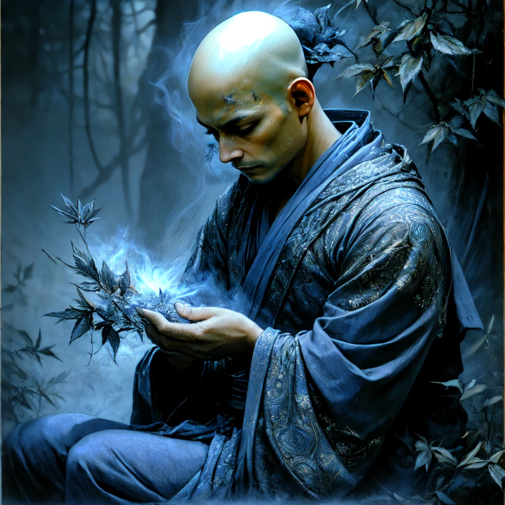 <lora:Ethereal_Gothic_EleganceSD1:1> Ethereal Gothic Elegance, The image is a digital art piece that appears to be a representation of a person sitting in a meditative pose. The person is bald and is wearing a dark blue robe with intricate patterns and designs. They are sitting on a bed of leaves and branches with their hands clasped together in front of them. The background is a dark foggy landscape with a hint of smoke and flames. The overall mood of the image is mystical and mystical., solo, male focus, 1boy, bald, sitting, indian style, japanese clothes, jewelry, fire, smile