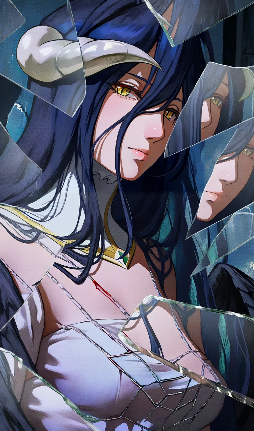 <lora:hsBrokenGlass1llust:0.8>,broken glass,glass shards,glass,reflection,looking at viewer,
masterpiece,best quality,artistic composition,aesthetic design,textured layers,soft lighting,ContemporaryStyle,creative aesthetics,textured layers,textured background,impasto,Dreamy Landscapes,beautiful_detailed_eyes,Surreal Backdrops,Cinematic Atmosphere,mystical atmosphere,mood lighting,ethereal, Albedo (Overlord),portrait,shattered halo above her,cracked black wings,white dress stained with blood,soft glow of floating glass shards,empty cathedral ruins,melancholy expression,deep cinematic sorrow,dim candlelight,wide-angle shot,ethereal sadness,hauntingly beautiful composition