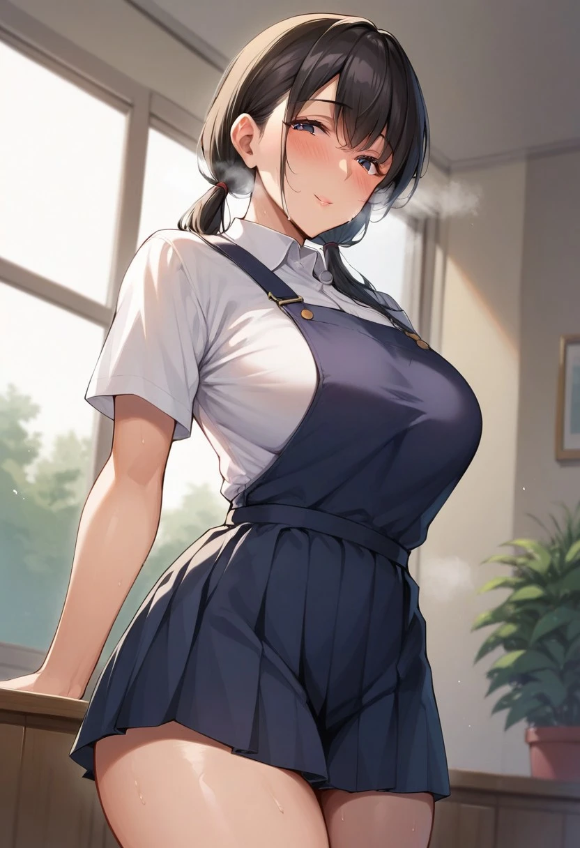 score_9,score_8_up,score_7_up,score_6_up,blurry, blurry background,1girl,mature female,black hair,pinafore dress,school uniform,dress,steaming body long hair,looking at viewer, breasts,blush,collared shirt,twintails,shirt,white shirt,bangs,low twintails,sexy thighs,posing,volumetric light,indoors,living room,cowboy shot, dutch angle
