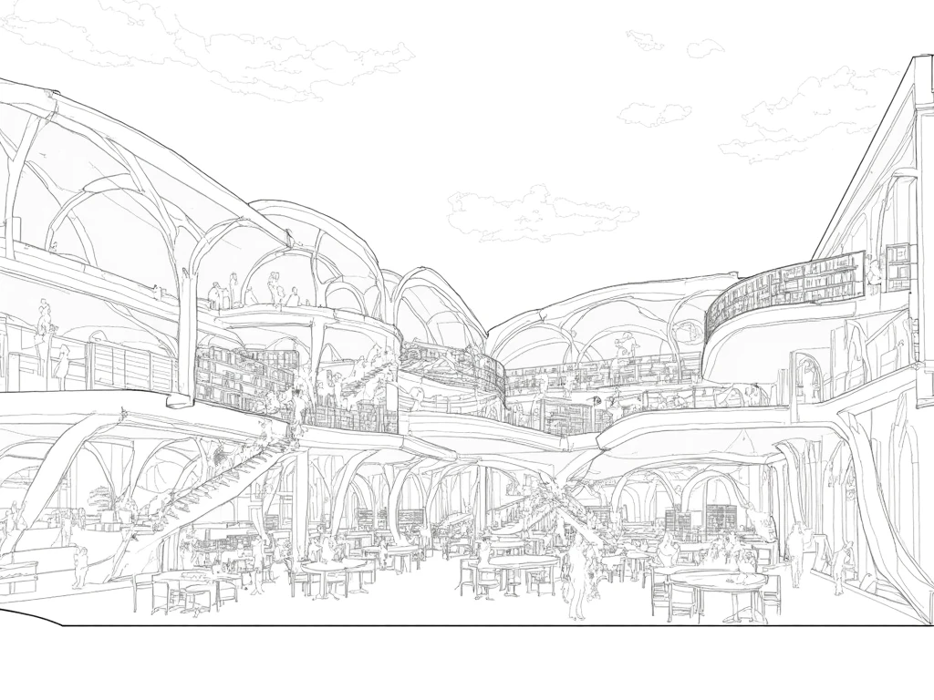 A sectional perspective drawing of a library with a dynamic, vivid interior scene. Several people are sitting and walking in the living area. The library features multiple levels, with interconnected spaces unified by curved structural elements. A large, open central atrium connects the floors visually and physically, with a sweeping ramp spiraling up to provide circulation. The architecture emphasizes fluid forms, with arches and vault-like elements supporting the floors and creating a sense of openness. The structural members appear light yet dynamic, contributing to an elegant aesthetic. The ground floor includes spaces with tables and chairs, suggesting areas for study or collaboration. The upper levels seem dedicated to reading areas and book storage, with shelves integrated into the walls. The perspective hints at a lively atmosphere, where people are reading, walking, or interacting within the space. The design prioritizes visibility and accessibility, encouraging community engagement and exploration. Large, open spaces suggest ample natural light, with potential for skylights or transparent facades. The interplay of light and shadow across the curved elements adds depth and dimension to the environment. ,lineartSectionPerspectiveDrawing