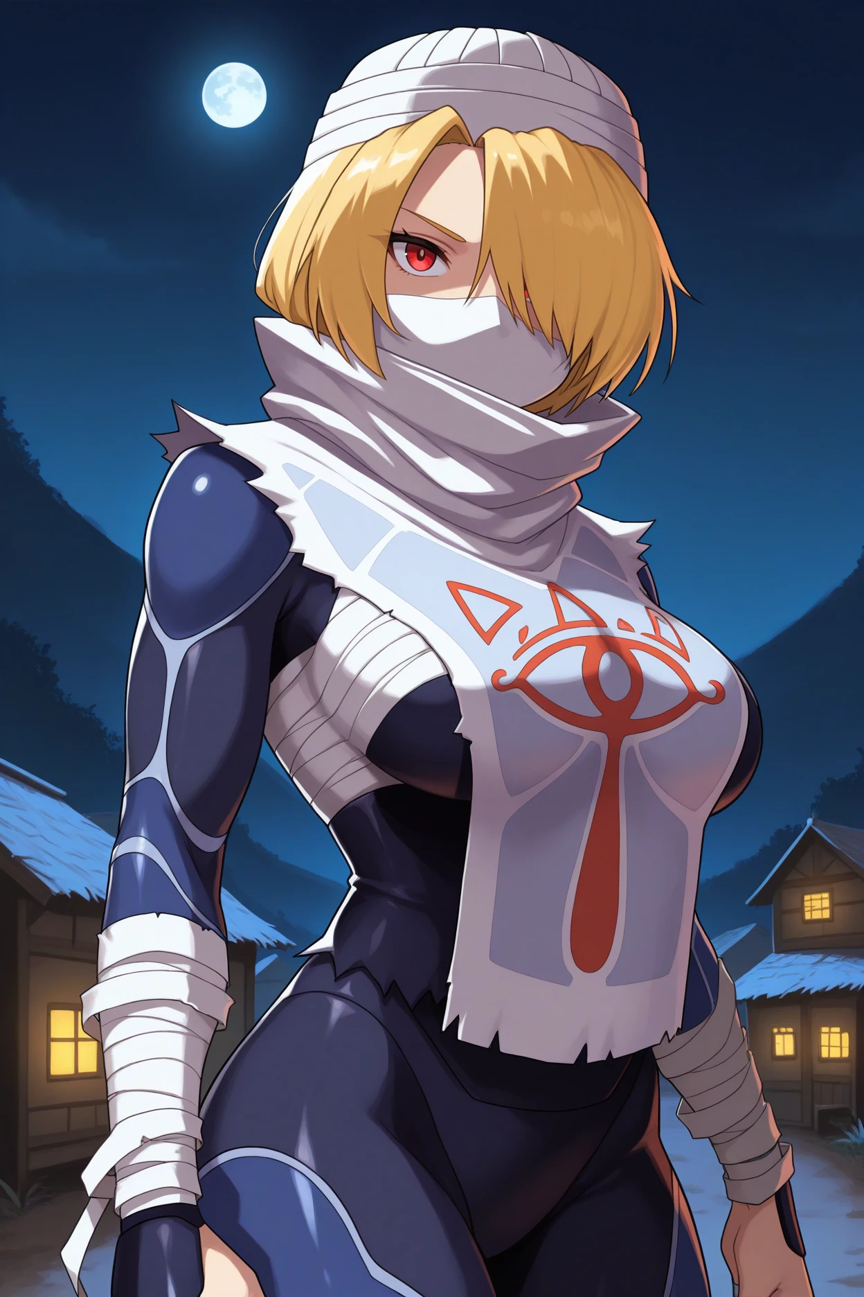 masterpiece, best quality, 1girl, solo, <lora:sheik-illu-nvwls-v1-000006:1> ootshk, blonde hair, hair over one eye, red eyes, turban, white mask, ninja mask, bandages, bandaged arms, tabard, dark blue bodysuit, looking at viewer, serious, night, village, moon, large breasts