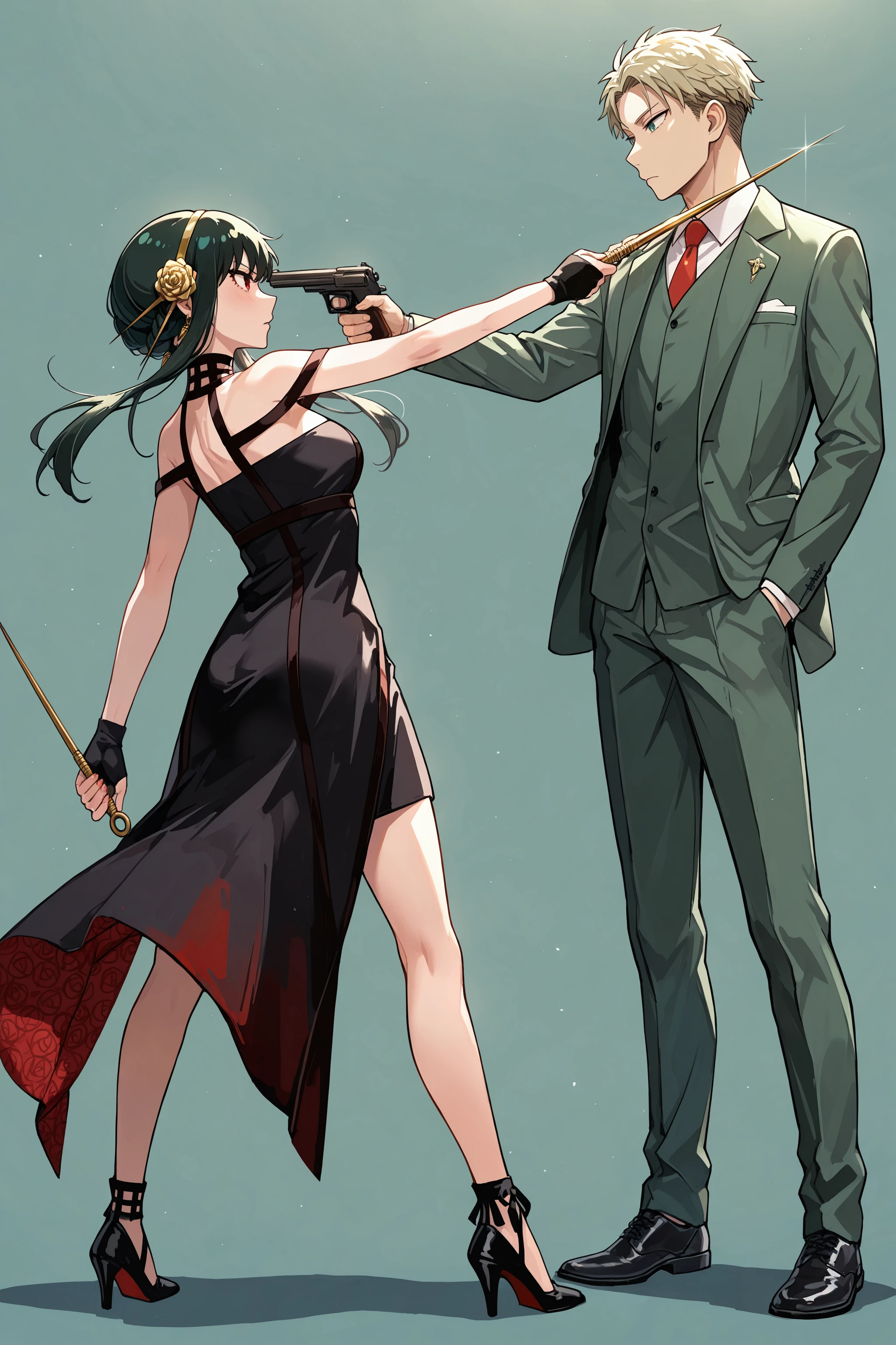 masterpiece, best quality, absurdres, safe
1girl, yor briar, black hair, full body, standing,
mexican standoff, holding gun,
simple background
BREAK
masterpiece, best quality, absurdres, safe
1boy twilight \(spy x family\), full body, standing,
mexican standoff, holding dagger, needle,
hand in pocket,
simple background
<lora:mexican_standoff_il_2_d16:1>