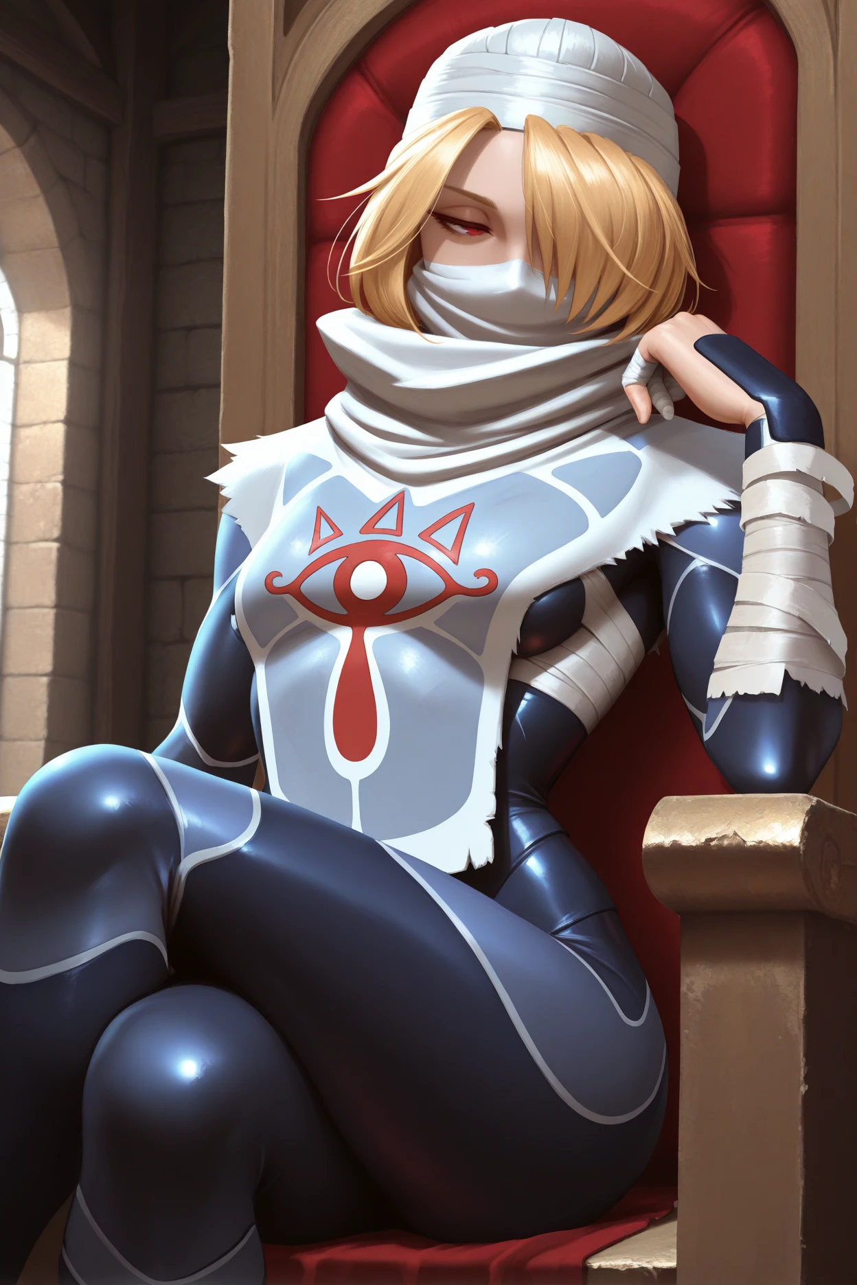 masterpiece, best quality, 1girl, solo, <lora:sheik-illu-nvwls-v1-000006:1> ootshk, blonde hair, hair over one eye, red eyes, turban, white mask, ninja mask, bandages, bandaged arms, tabard, dark blue bodysuit, crossed legs, bored, half-closed eyes, sitting on throne, medieval, indoors