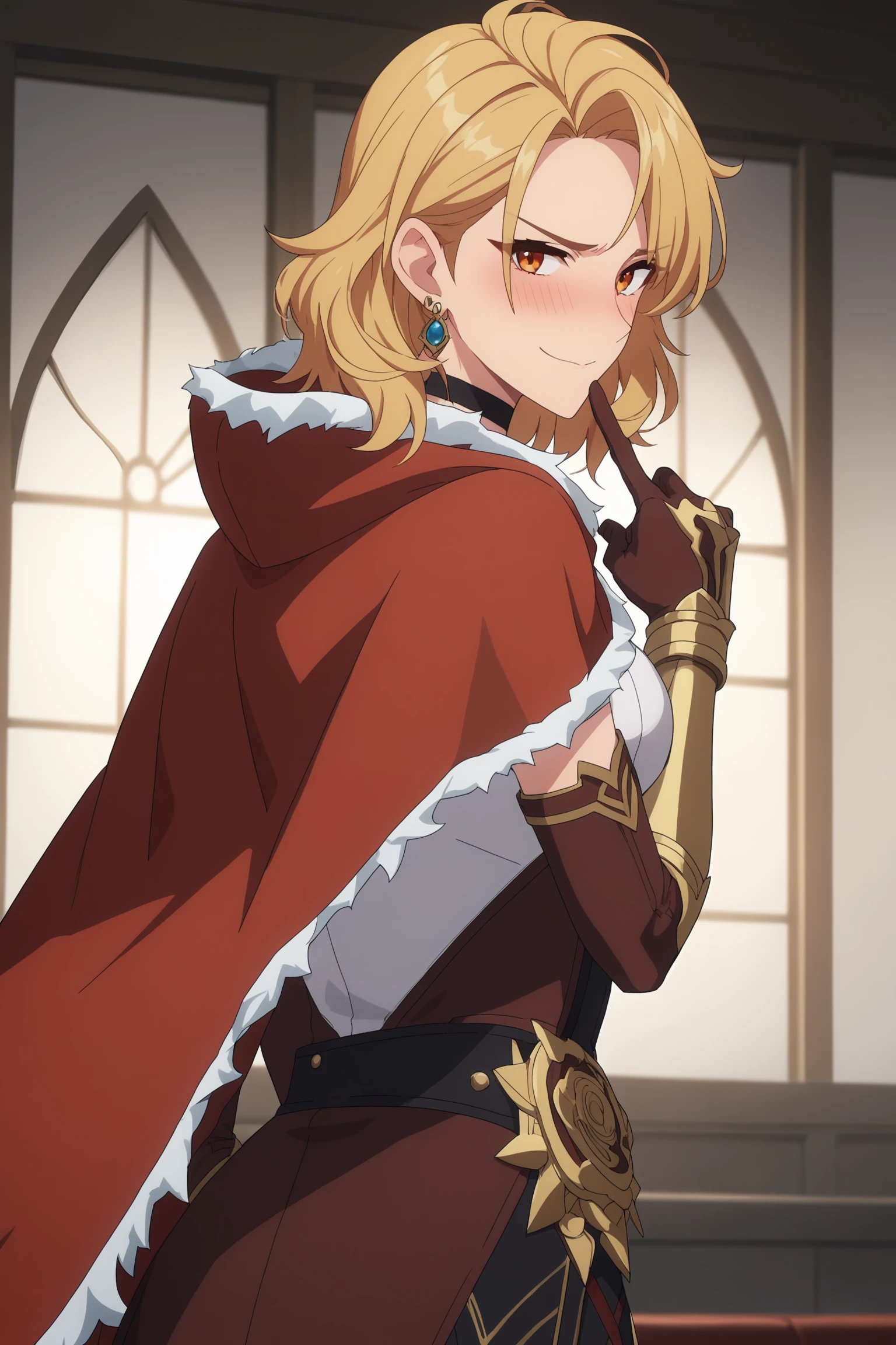 score_6_up, score_5_up, score_4_up, score_9, score_8_up, score_7_up, highly detailed, anime_source, anime_screencap, anime coloring, 1girl, solo, breasts, looking at viewer, smile, blonde hair, gloves, jewelry, earrings, choker, elbow gloves, hood, medium hair, cape, orange eyes, fur trim, black choker, red cape, gina_solo, <lora:RGV_gina_solo:0.9>, indoors, from behind, looking back, looking at viewer, embarrassed, blushing, shy, finger to lips, shushing
