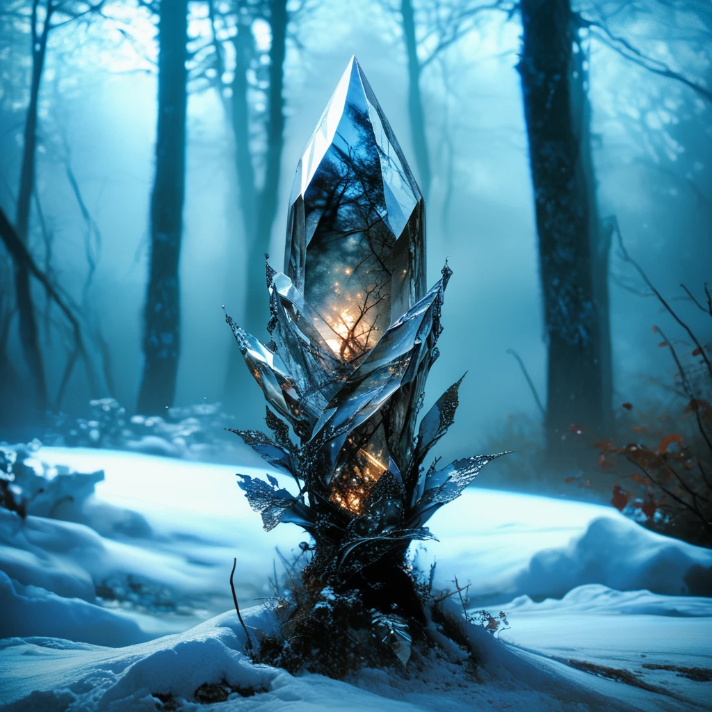 Score_9, score_8_up, score_7_up, score_6_up, BREAK <lora:Ethereal_Gothic_ElegancePony:1> Ethereal Gothic Elegance, The image is a digital art piece that appears to be a photograph of a crystal point in the middle of a foggy forest. The crystal point is in the center of the image with a pointed tip and a smooth shiny surface. It is surrounded by a dark misty background with bare trees on either side. The trees are covered in snow and ice and the ground is covered in a layer of fog. The overall mood of the photograph is eerie and mysterious., no humans, bare tree, tree, scenery, realistic, outdoors, cloud, sky, snow, fantasy