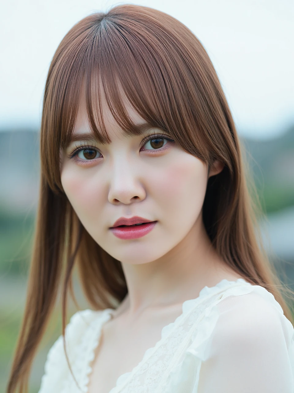 Facial close-up, a young woman named katoshi, who appears to be in her early twenties. She has a fair complexion and a delicate, symmetrical face with large, expressive brown eyes. Her lips are naturally pink, and she has a small, slightly upturned nose. Her straight, long brown hair, and bangs is slightly tousled, giving a casual, windswept look.
katoshi is wearing a white, long-sleeved dress with ruffles on the shoulders that is semi-transparent. The dress has a soft, flowing texture that contrasts with the smoothness of her skin. her gaze fixed on the camera.
The background is blurred, suggesting a shallow depth of field, and appears to be an outdoor setting with a pale. The overall color palette of the image is soft and muted, with a focus on pastel tones that enhance the ethereal, dreamy quality of the photograph. The lighting is natural, likely from an overcast sky, which casts a gentle, diffused light on her face, minimizing harsh shadows and highlighting her features softly.