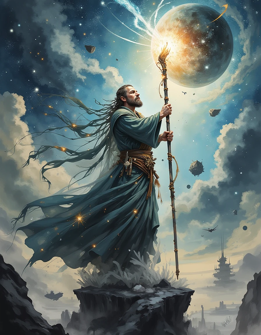 A dinkwfsn style painting, A celestial warlock, adorned in robes woven from nanofibers and flowing plasma, stands atop a levitating crystal platform, channeling cosmic energy through an ancient cybernetic staff. Glowing arcane circuits run along their arms, pulsating in sync with the distant pulse of a shattered planetary core. The fractured sky above them reveals swirling galaxies, while remnants of an ancient AI civilization drift in the void. The scene is illuminated with a mix of radiant blue and gold hues, captured from a dramatic low-angle shot., <lora:Mystic-Fusion_v10:1>